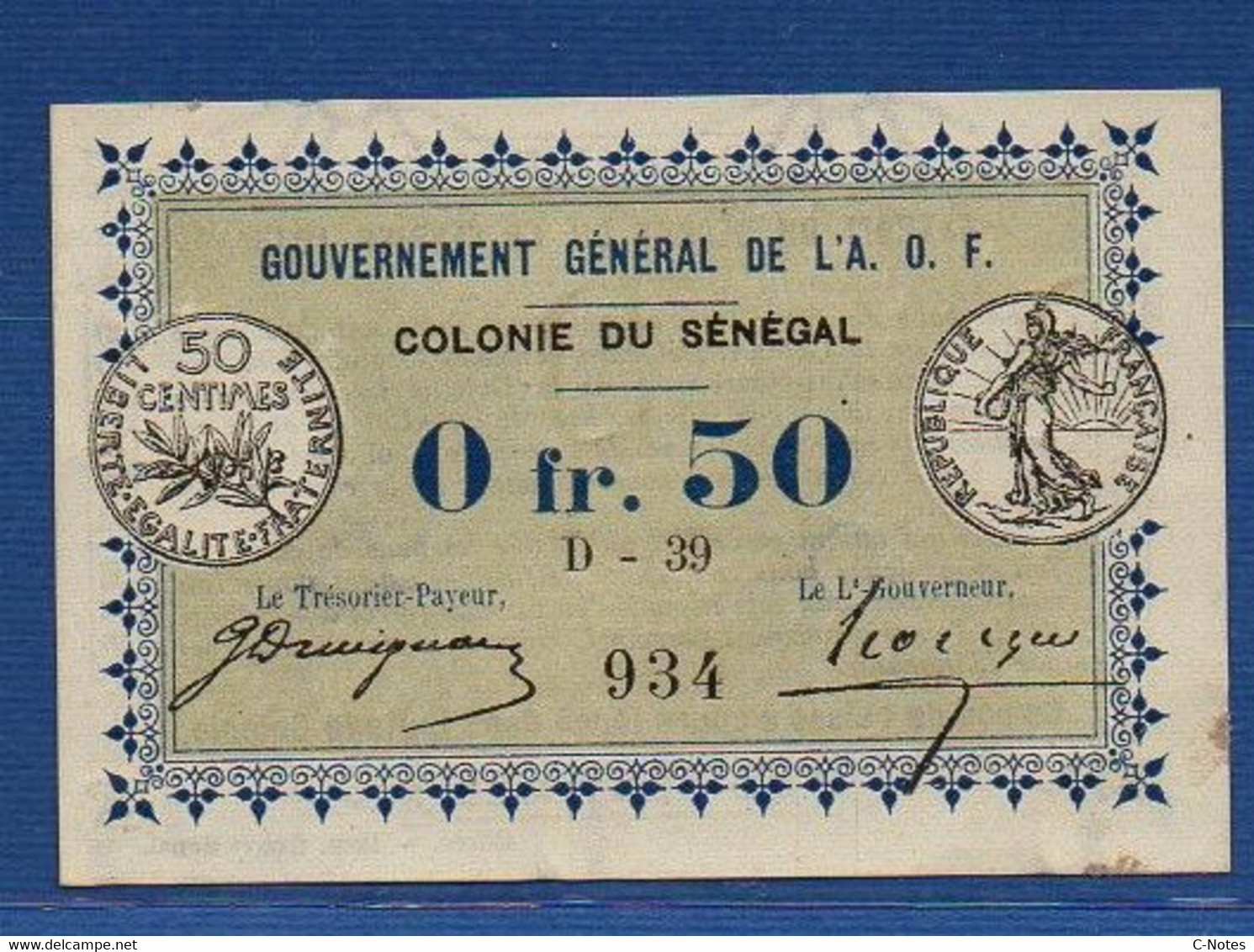 SENEGAL - P.1b – 0,50 Franc 1917 XF/aUNC,  Serie D-39 934 - Senegal