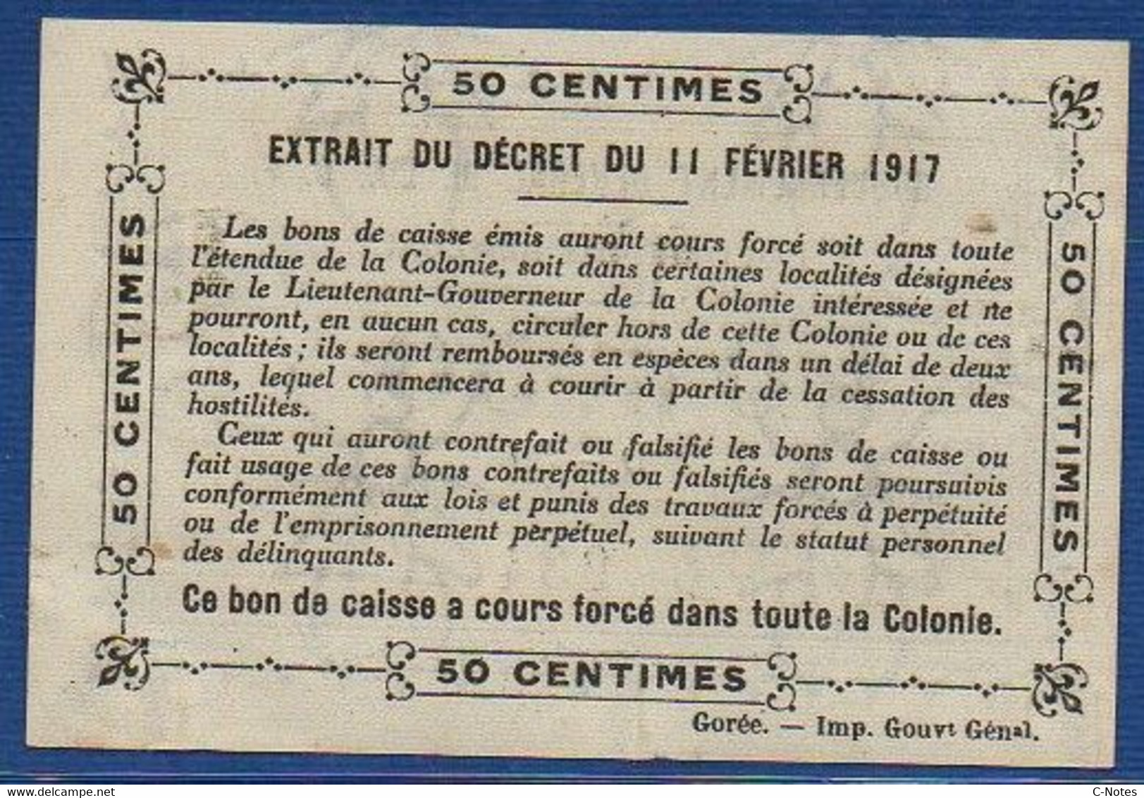 SENEGAL - P.1b – 0,50 Franc 1917 XF/aUNC,  Serie D-39 934 - Sénégal