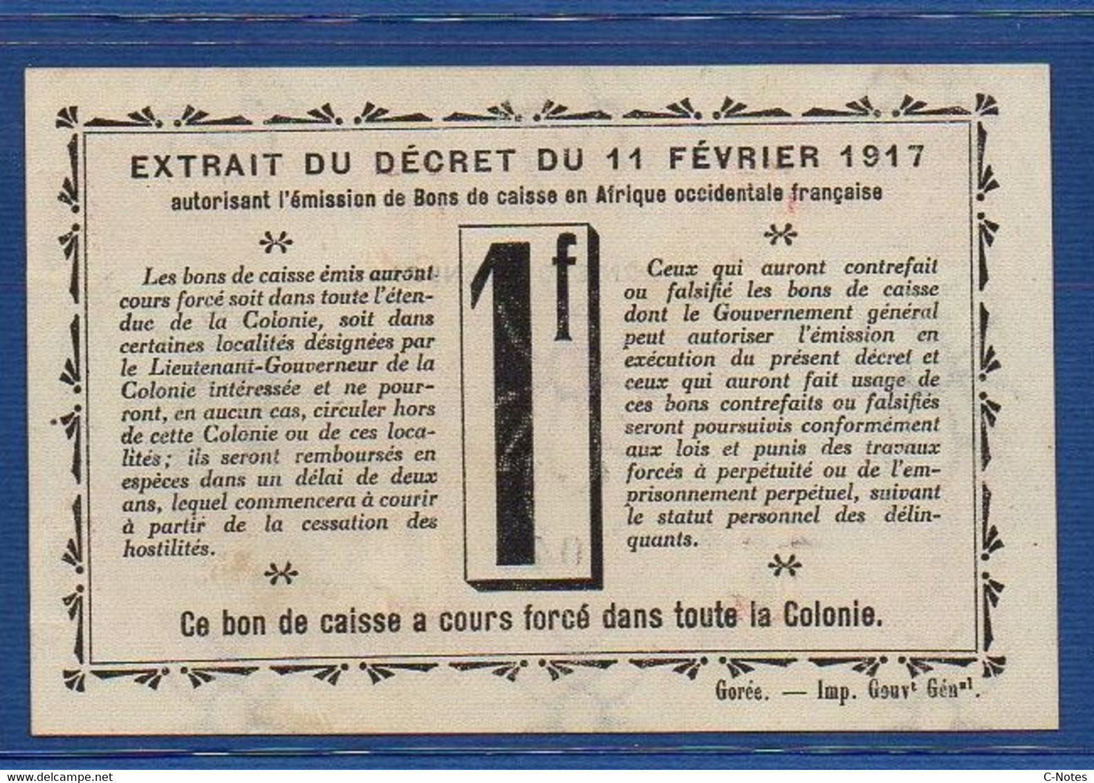 SENEGAL - P.2b – 1 Franc 1917 UNC-,  Serie C-27 044 - Sénégal