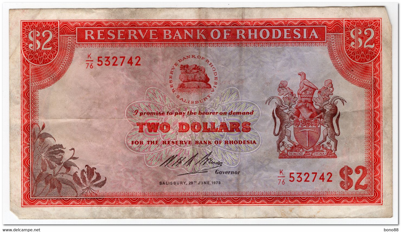 RHODESIA,2 DOLLARS,1973,P.31b,F-VF - Rhodésie