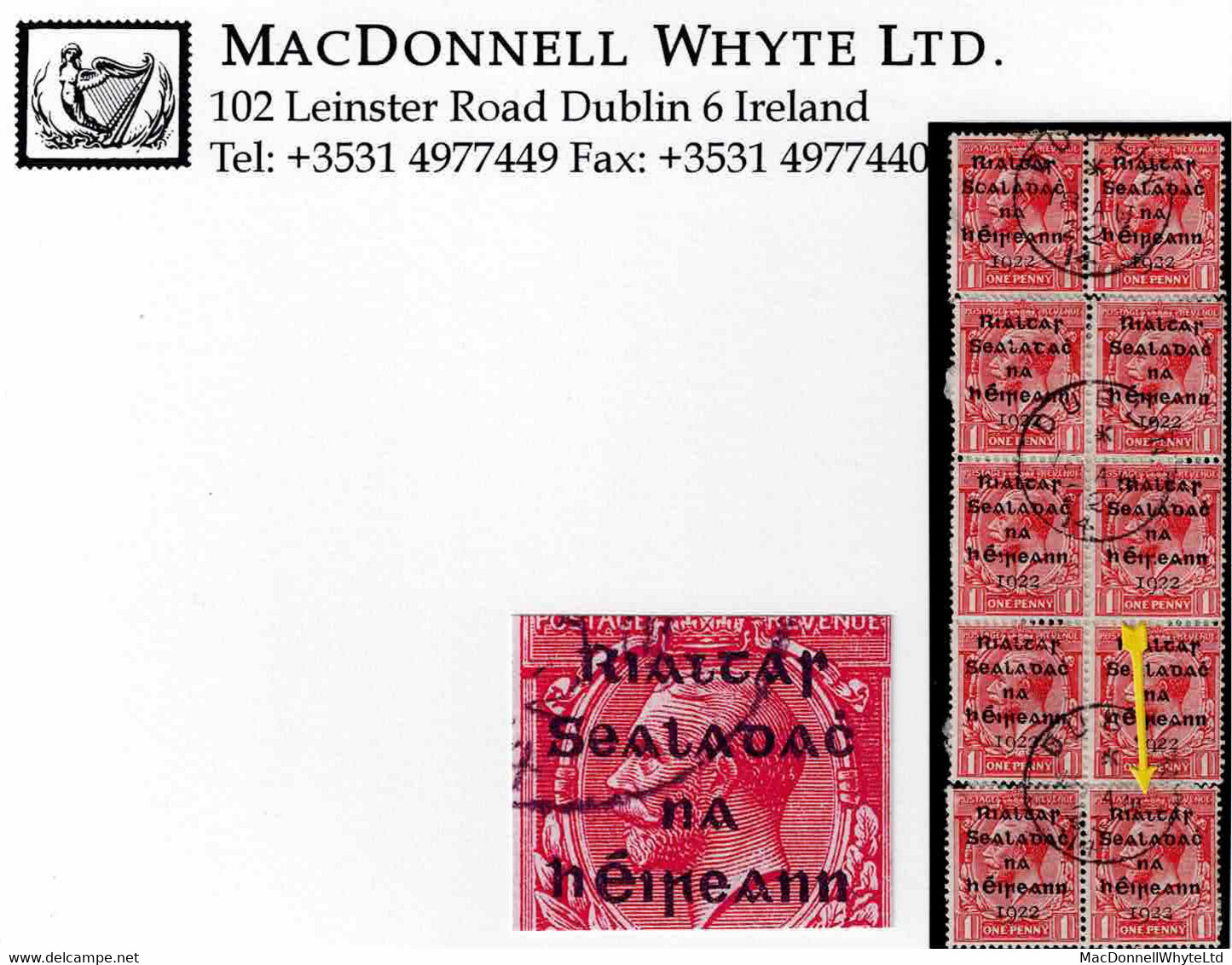 Ireland 1922 Dollard Rialtas 5-line Overprint In Black Piece With Ten 1d Used DUBLIN 18 AU 22, One With "Short L In  Ria - Gebraucht