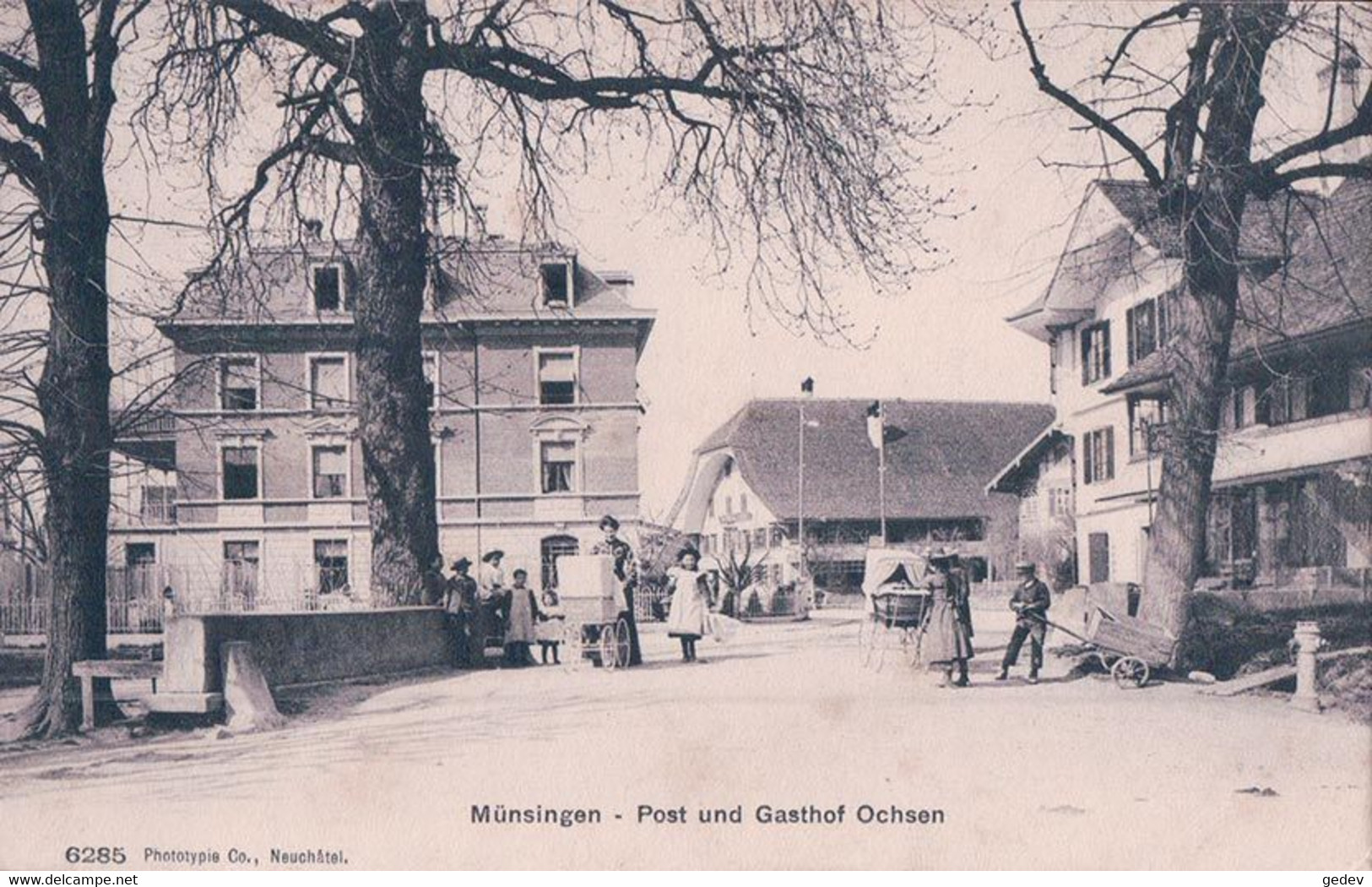 Münsingen BE, Post Und Gasthof Ochsen, Rue Animée + Cachet Linéaire MÜNSINGEN (21.4.1906) - Münsingen