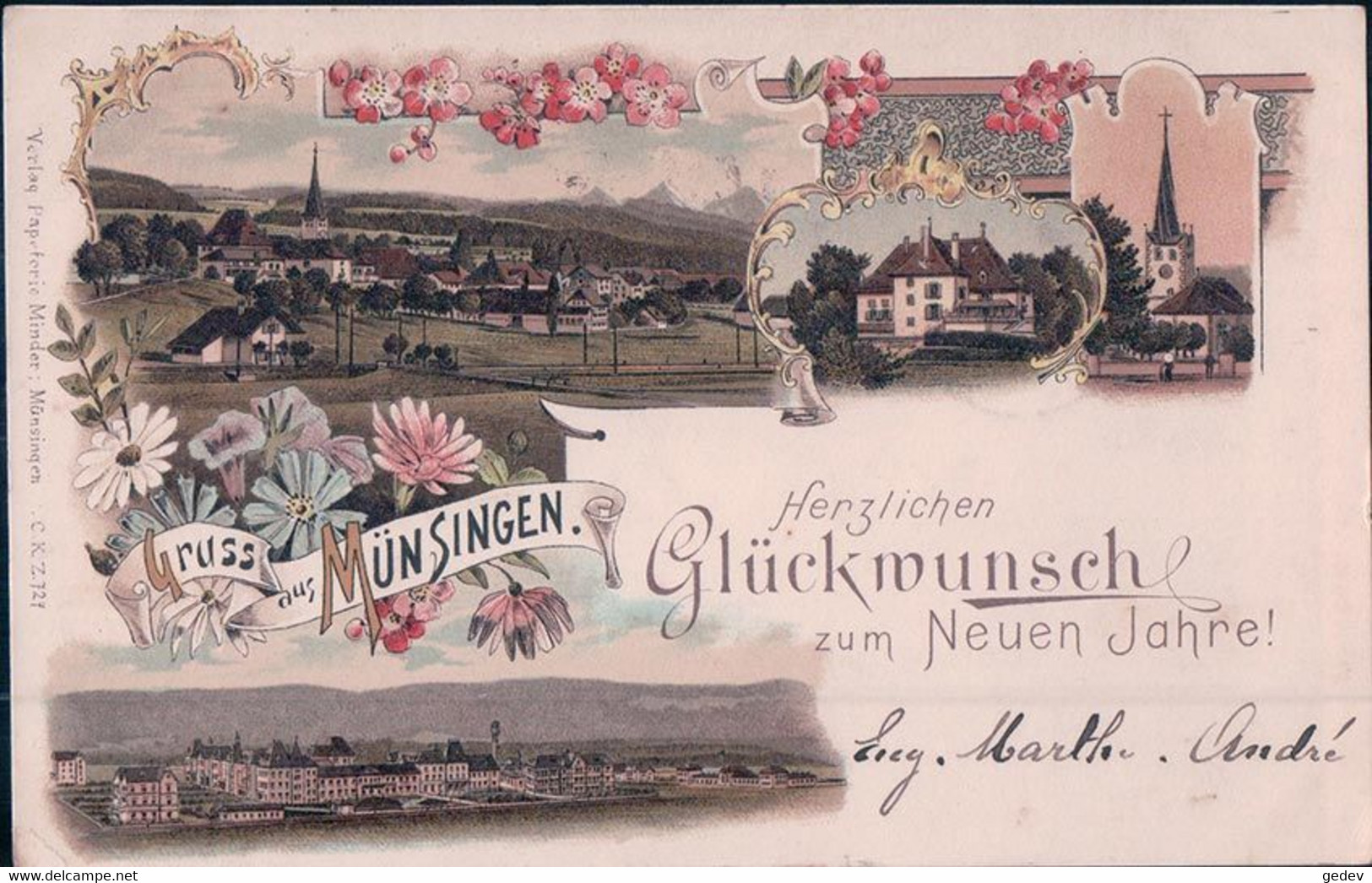 Gruss Aus Münsingen BE, Herzlichen Glückwunsch Zum Neuen Jahre, Litho 4 Vues (31.12.1905) - Münsingen