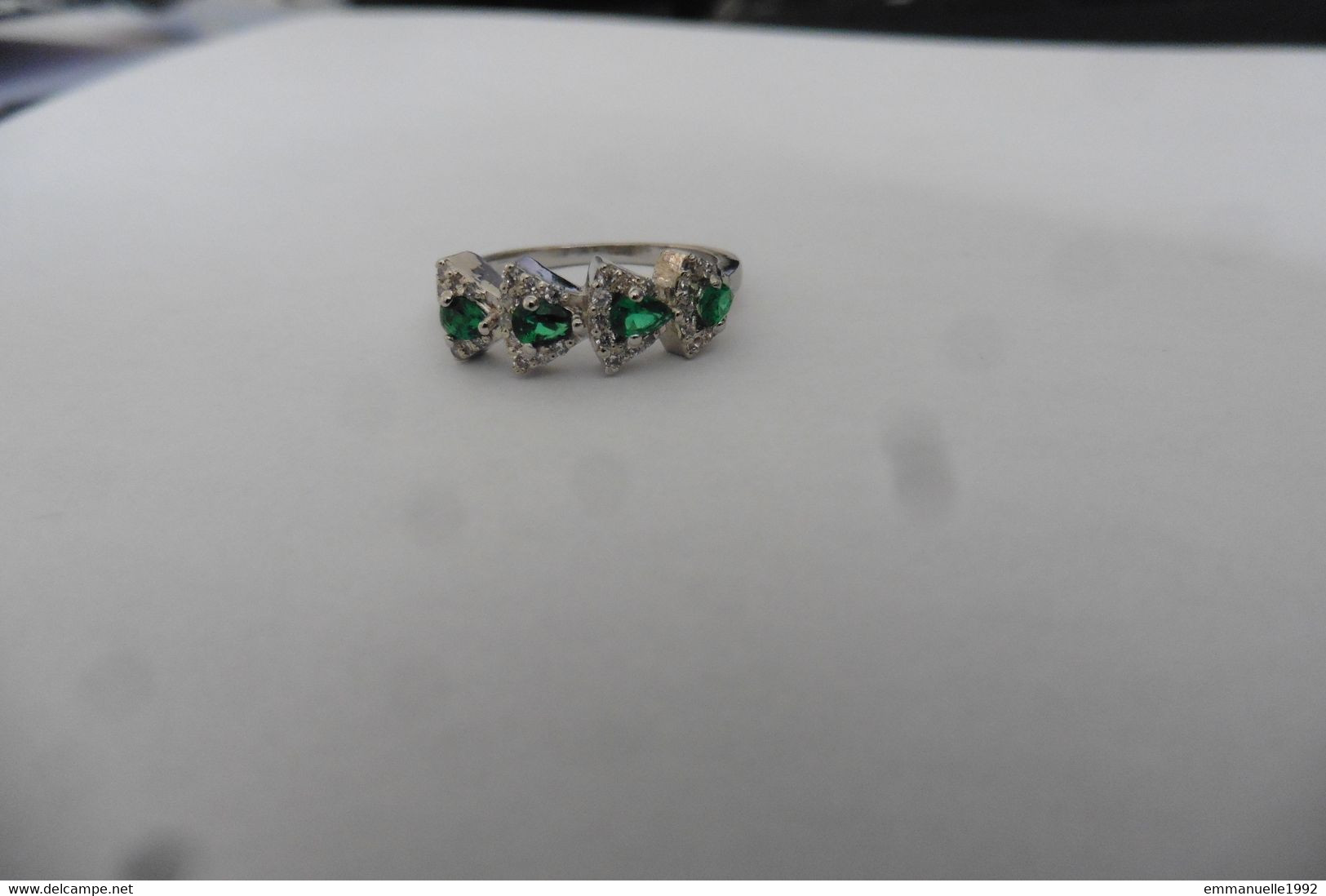 Neuf - Bague En Argent De Style Art Deco Sertie Zircons Blancs & Vert émeraude T 53 - Ring