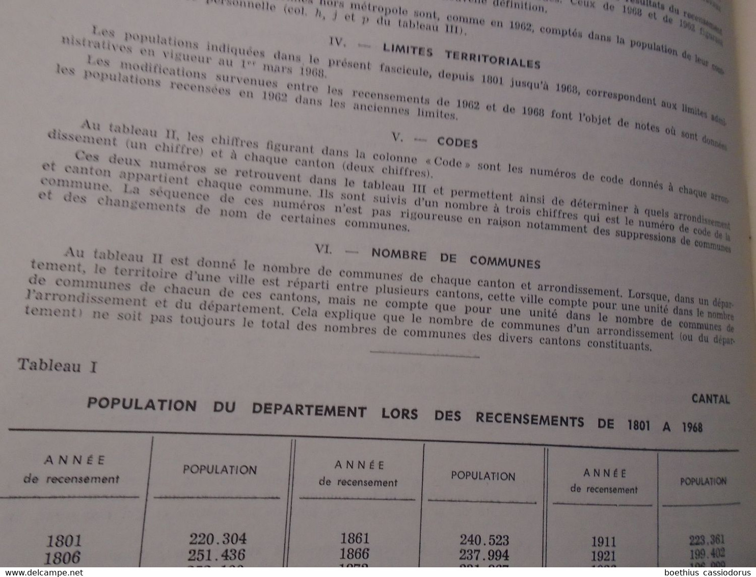 CANTAL : RECENSEMENT DE 1968 POPULATION DU DEPARTEMENT DU CANTAL MINISTERE DE L'INTERIEUR - Auvergne