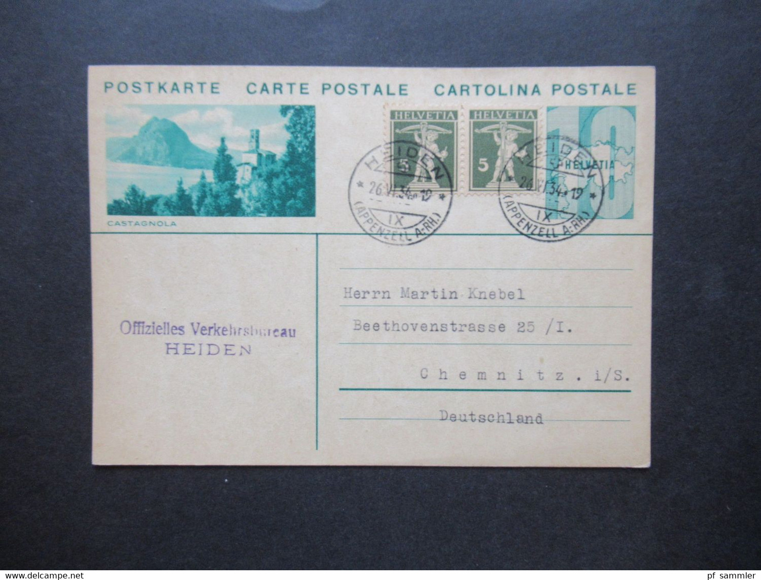 Schweiz 1934 Bild GA Castagnola Mit 2x Tell Zusatzfrankatur Abs. Stempel Offizielles Verkehrsbureau Heiden Nach Chemnitz - Stamped Stationery