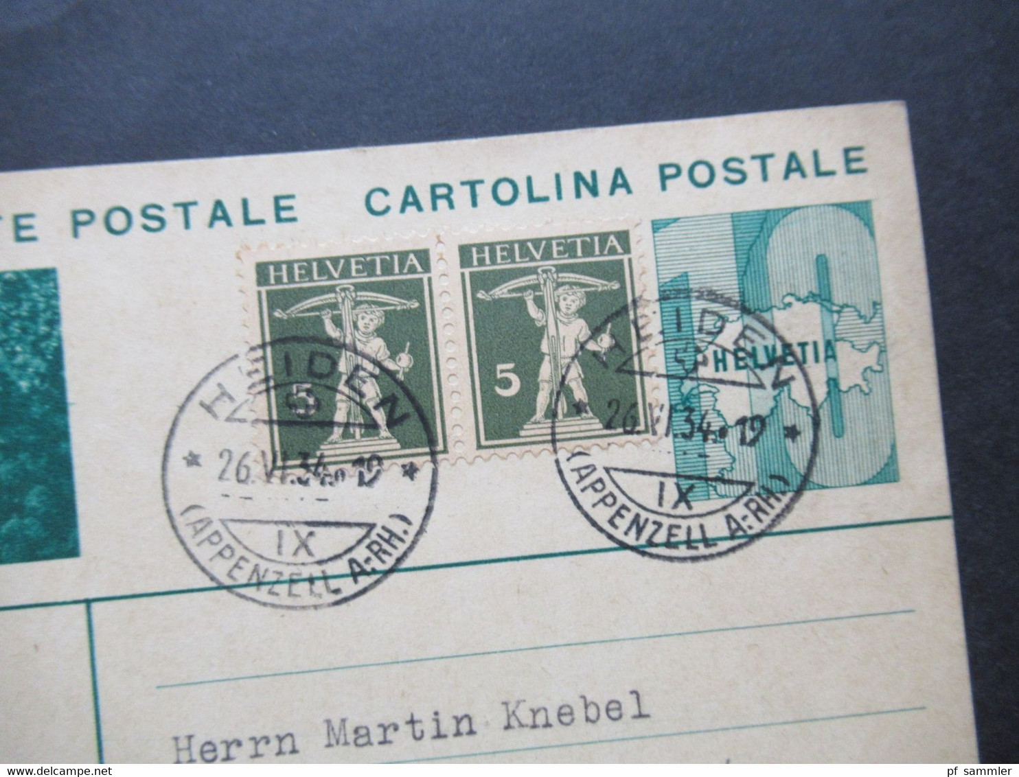 Schweiz 1934 Bild GA Castagnola Mit 2x Tell Zusatzfrankatur Abs. Stempel Offizielles Verkehrsbureau Heiden Nach Chemnitz - Ganzsachen