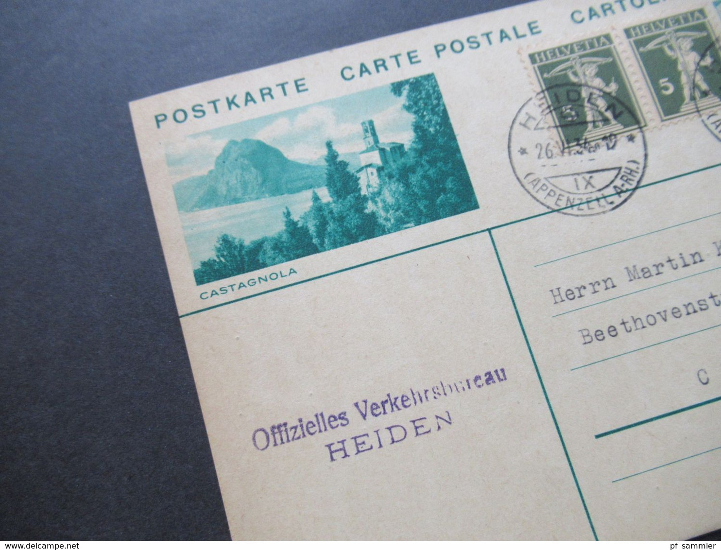 Schweiz 1934 Bild GA Castagnola Mit 2x Tell Zusatzfrankatur Abs. Stempel Offizielles Verkehrsbureau Heiden Nach Chemnitz - Ganzsachen