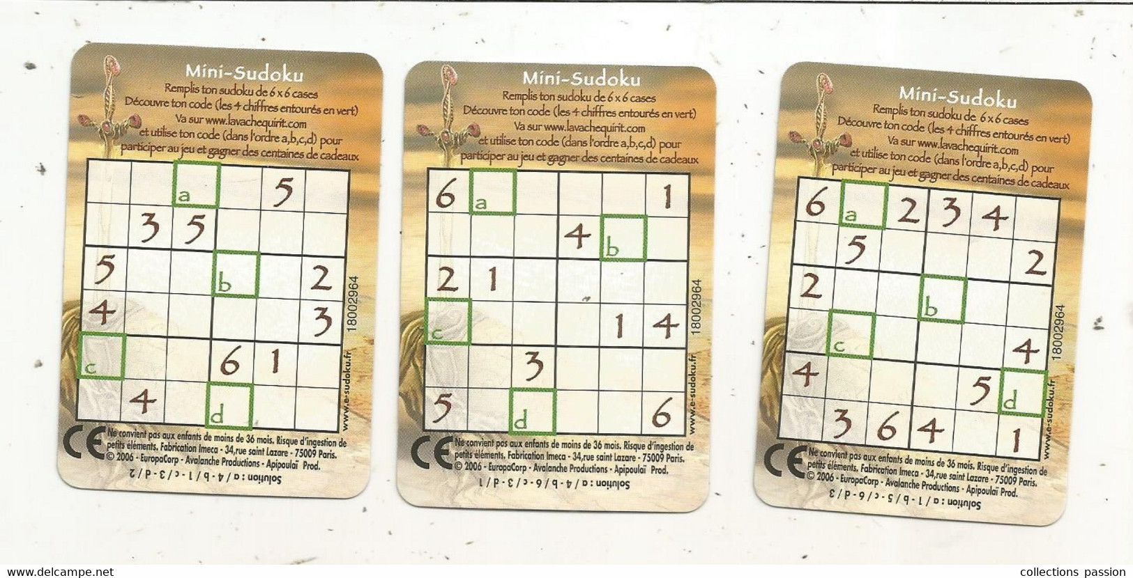 Trading Card , La Vache Qui Rit ,ARTHUR ET LES MINIMOYS, Verso: Mini-sudoku,2006,  2 Scans ,  LOT DE 3 CARTES - Andere & Zonder Classificatie