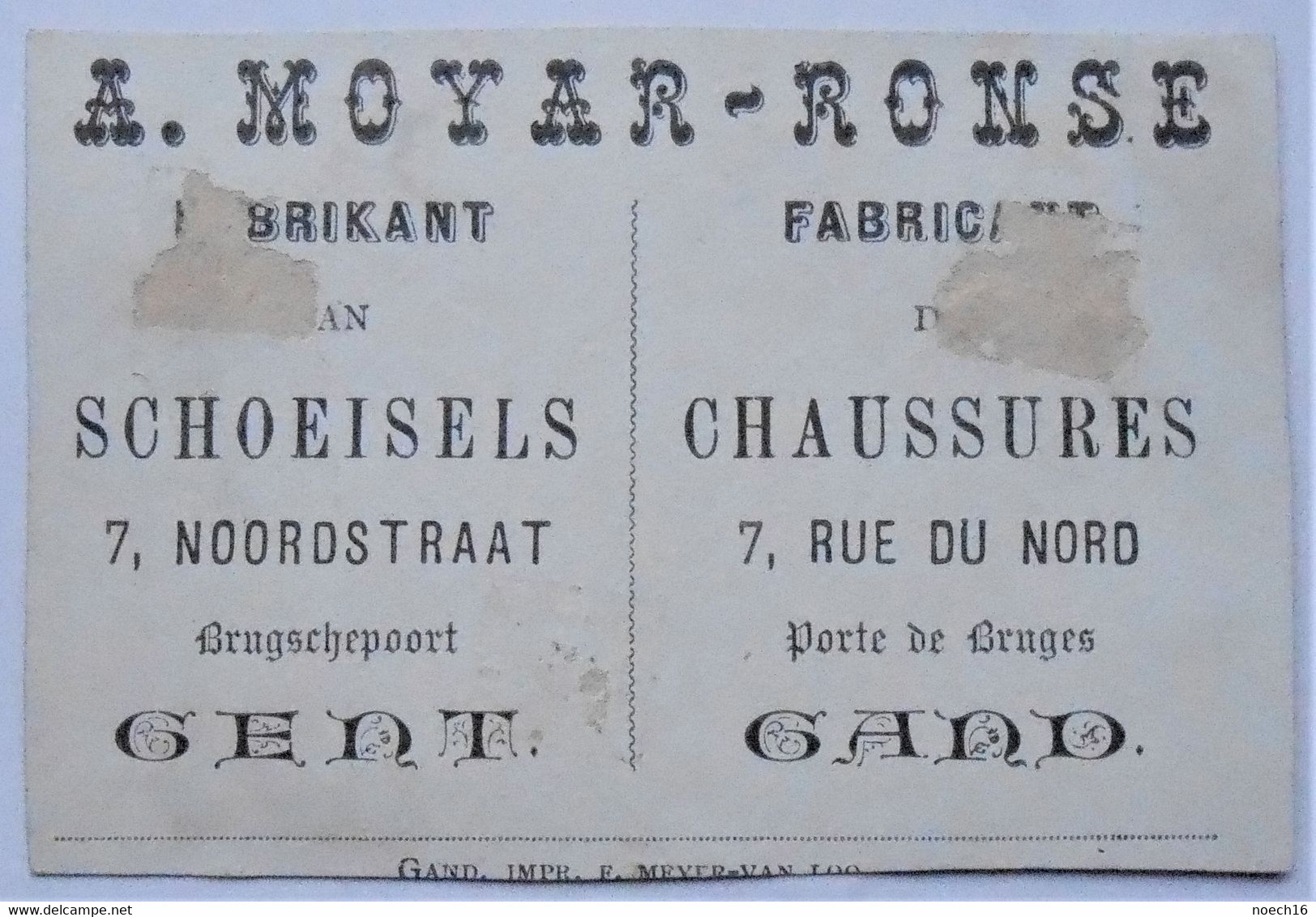 Chromo Publicité. Fabricant De Chaussures. A. Moyar-Ronse, Rue Du Nord, Gand - Sonstige & Ohne Zuordnung
