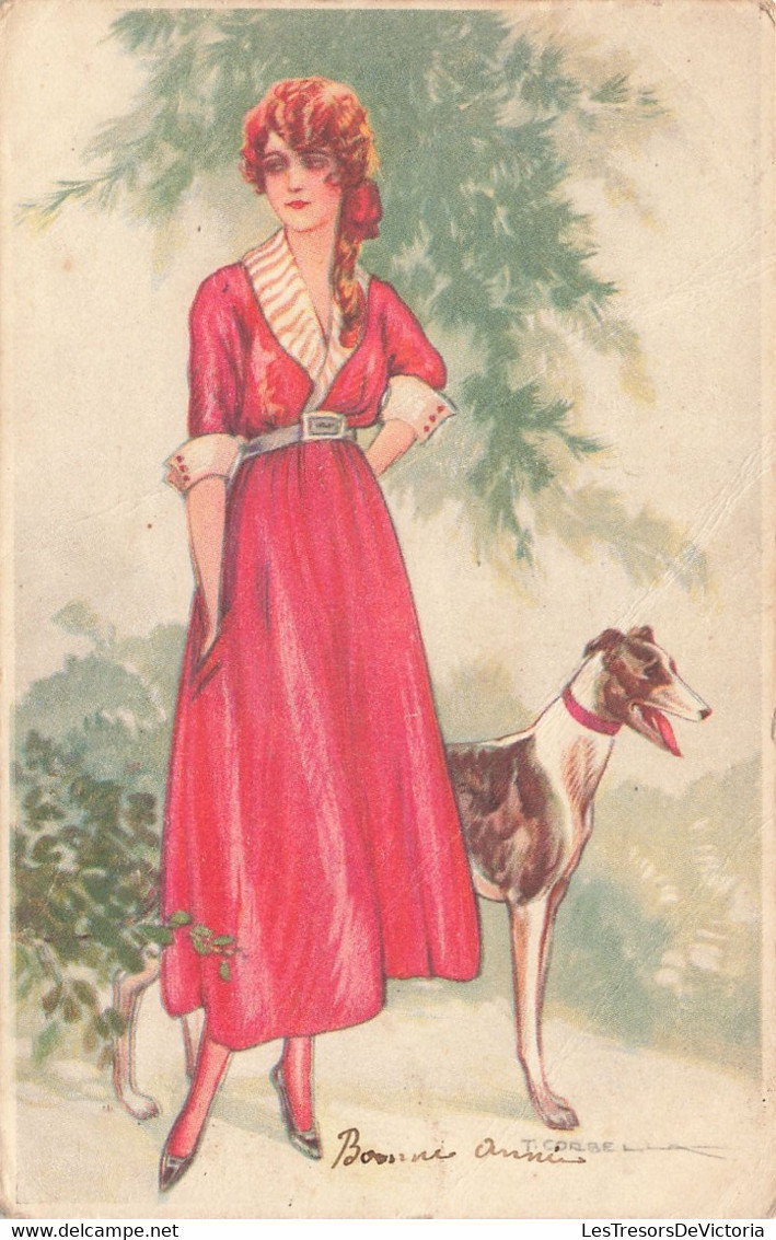 Illustrateur - Corbella - Bonne Année - Femme Avec Son Chien - Oblitéré 1922 - Colorisé - Carte Postale Ancienne - Busi, Adolfo