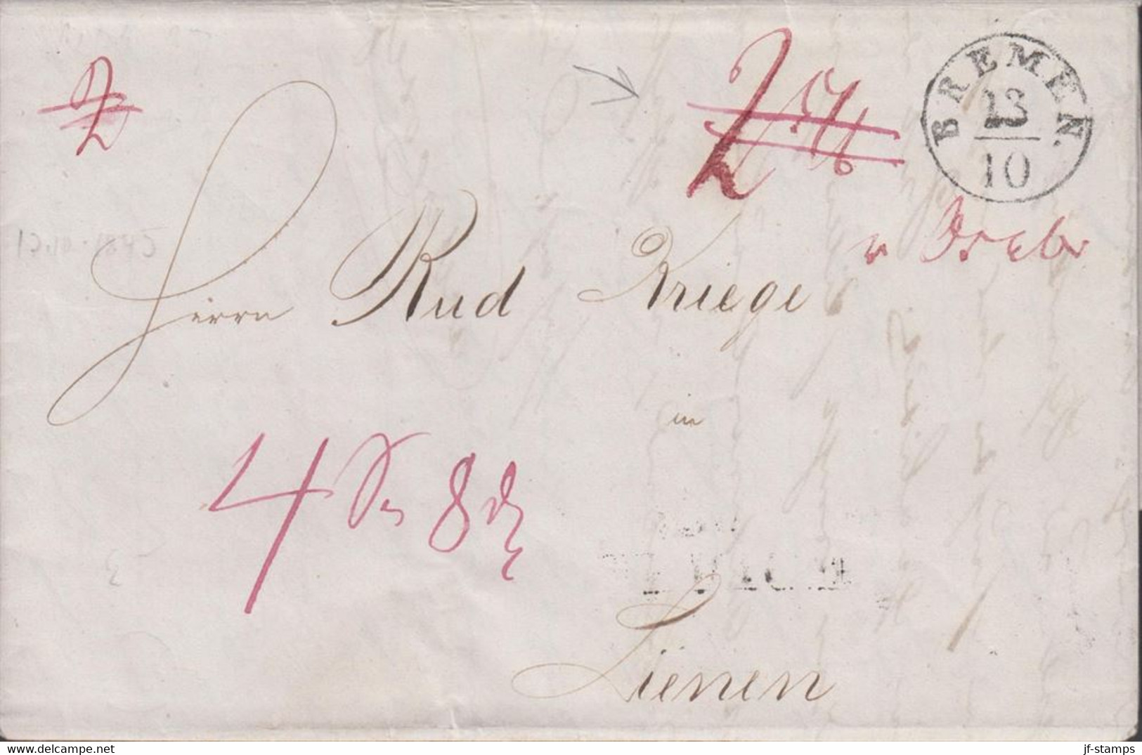 1843. DEUTSCHLAND. Fine Cover Cancelled BREMEN 23 10 And Reverse At Arrival LENGERICH 14. OCT. Several Int... - JF436627 - Bremen