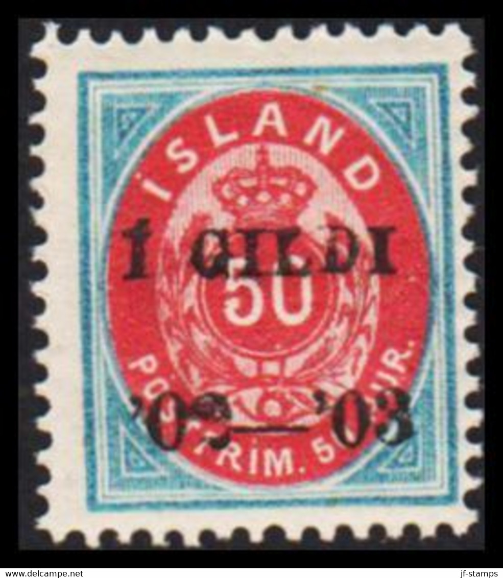 1902. I GILDI. 50 Aur Blue/red. Perf. 12 3/4. Black Overprint. Never Hinged. Beautiful Stamp.... (Michel 33B) - JF529680 - Neufs