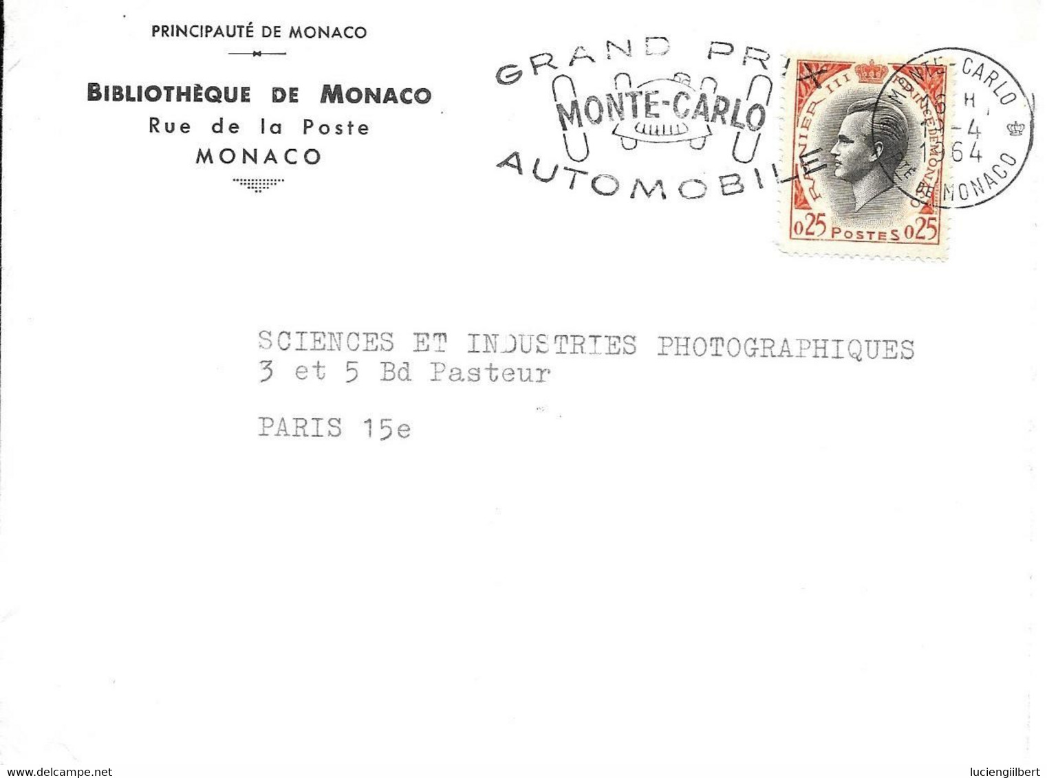 MONACO - TIMBRE N° 544   - RAINIER III   - 1964 -  TARIF DU 1 1 60  -  FLAMME  : GRAND PRIX DE MONTE CARLO AUTOMOBILE - Covers & Documents