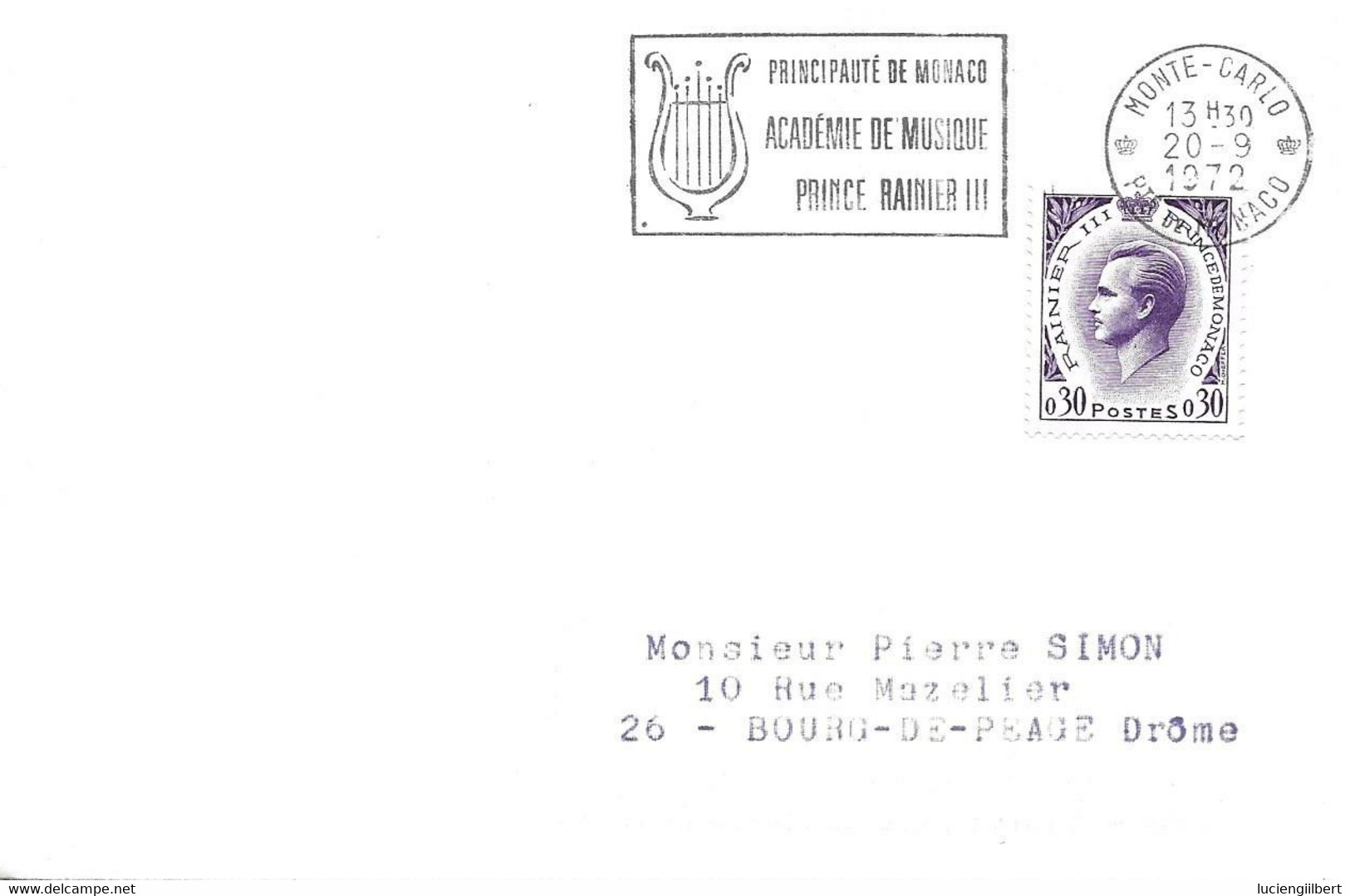 MONACO - TIMBRE N° 545   - RAINIER III  - 1972 - TARIF 14 1 71   - FLAMME  :  ACADEMIE DE MUSIQUE PRINCE RAINIERIII - Briefe U. Dokumente