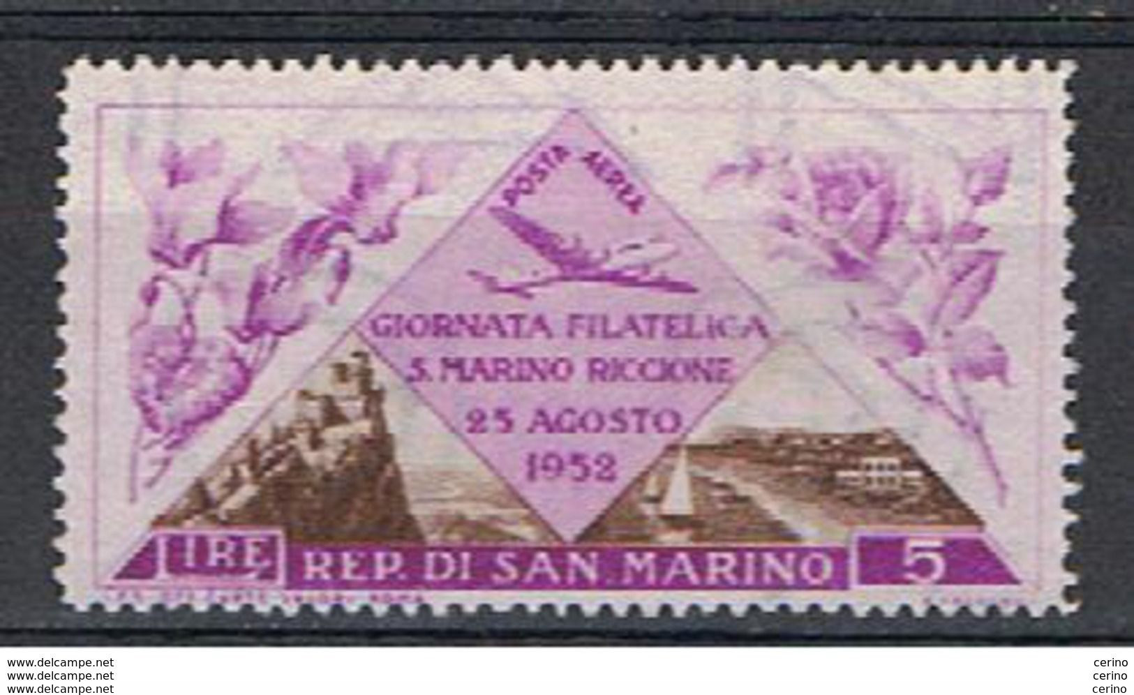 S. MARINO - VARIETA': 1952  P.A.  GIORN. FILATELICA  -  £. 5  POLICR. S.G.  -  R III°   FIL. LETTERE  6/10  -  SASS. 106 - Errors, Freaks & Oddities (EFO)