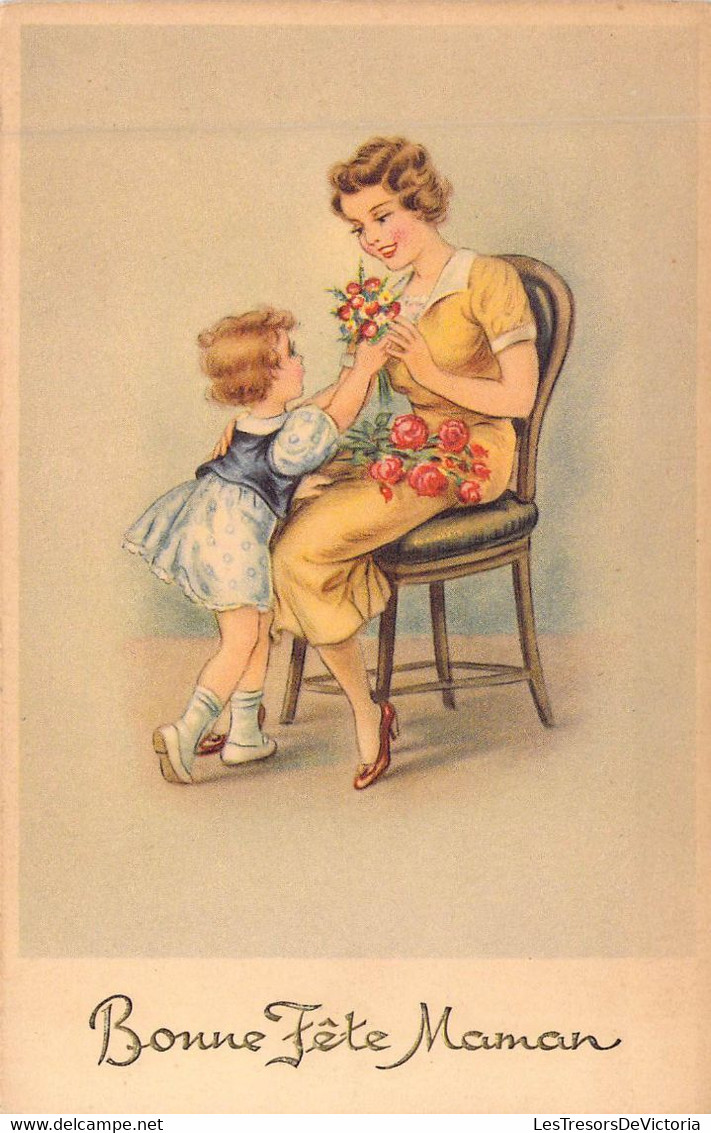 Bonne Fête Maman - Illustration Non Signée D'une Petite Fille Et Sa Maman Lui Donne Des Fleurs  - Carte Postale Ancienne - Festa Della Mamma