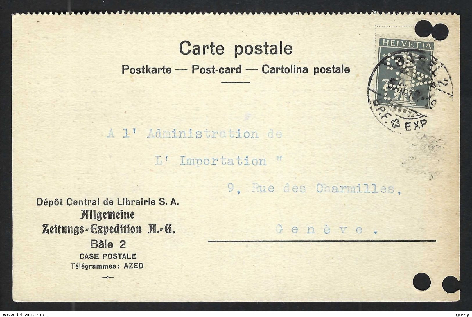 SUISSE Perforés 1919: Sup. CP Avec Le ZNr.138II Perf. "A Z-E" (Allgemeine Zeitungs-Expedition) - Gezähnt (perforiert)