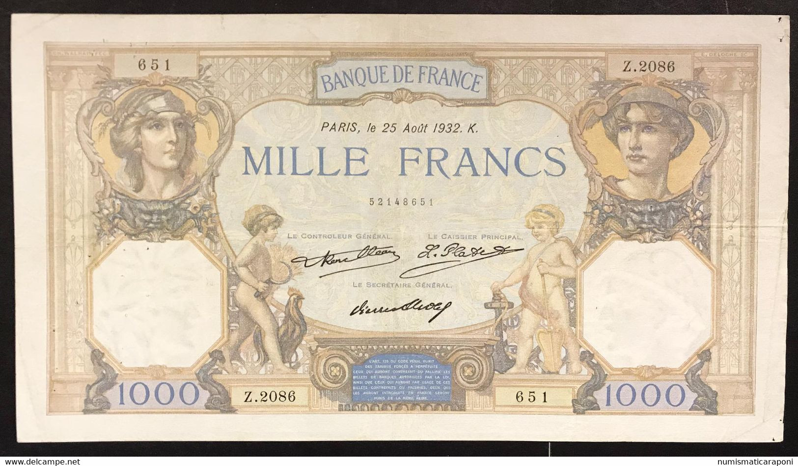 FRANCIA France 1000 FRANCS 25 Aout 1932 Bb Presato Forellini LOTTO 2290 - 1 000 F 1927-1940 ''Cérès Et Mercure''