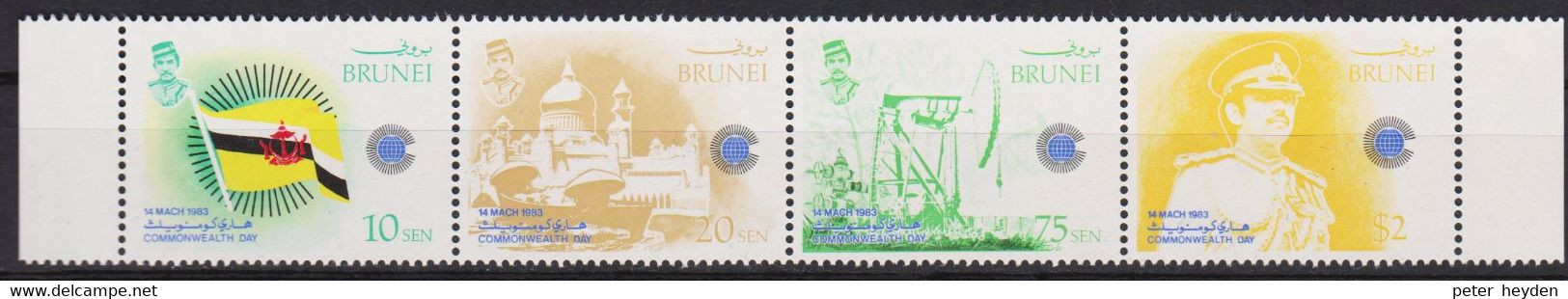 BRUNEI 1983 Commonwealth Day MNH Strip Of 4 Mi. 274 - 277 ~ Flag, Mosque, Oil Pump - Brunei (1984-...)