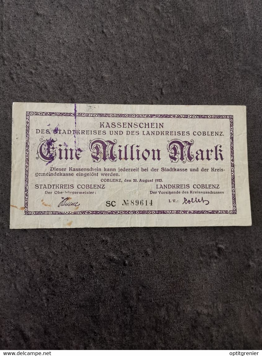 BILLET 1 EINE MILLION MARK 20 08 1923 KASSENSCHEIN COBLENZ ALLEMAGNE / BANKNOTE - Ohne Zuordnung