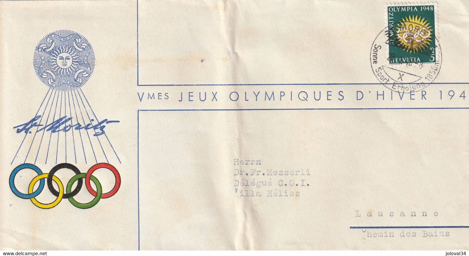 Vè Jeux Olympiques  Hiver Cachet Illustré  ST MORITZ 28/4/1948 Pour Messerli Délégué COI Lausanne Suisse Pli Hors Timbre - Inverno1948: St-Moritz