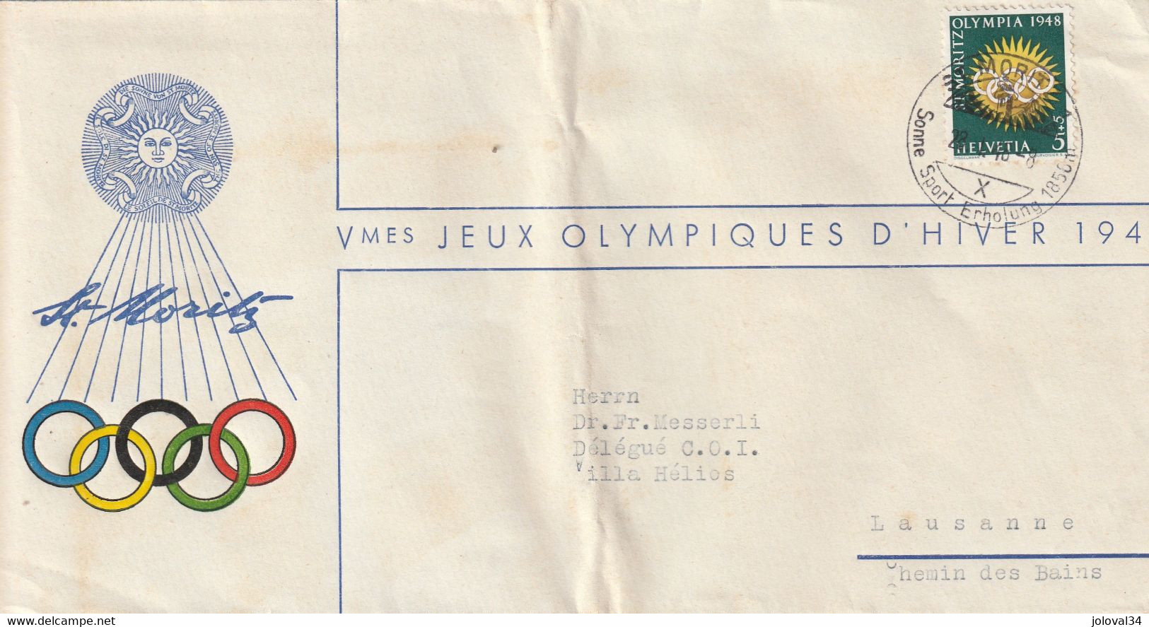 Vè Jeux Olympiques  Hiver Cachet Illustré  ST MORITZ 28/4/1948 Pour Messerli Délégué COI Lausanne Suisse Pli Hors Timbre - Invierno 1948: St-Moritz