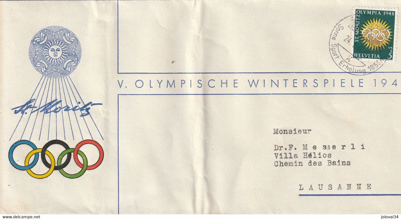 Vè Jeux Olympiques  Hiver Cachet Illustré ST MORITZ 28/4/1948 Pour Messerli  Lausanne Suisse Pli Hors Timbre - Invierno 1948: St-Moritz