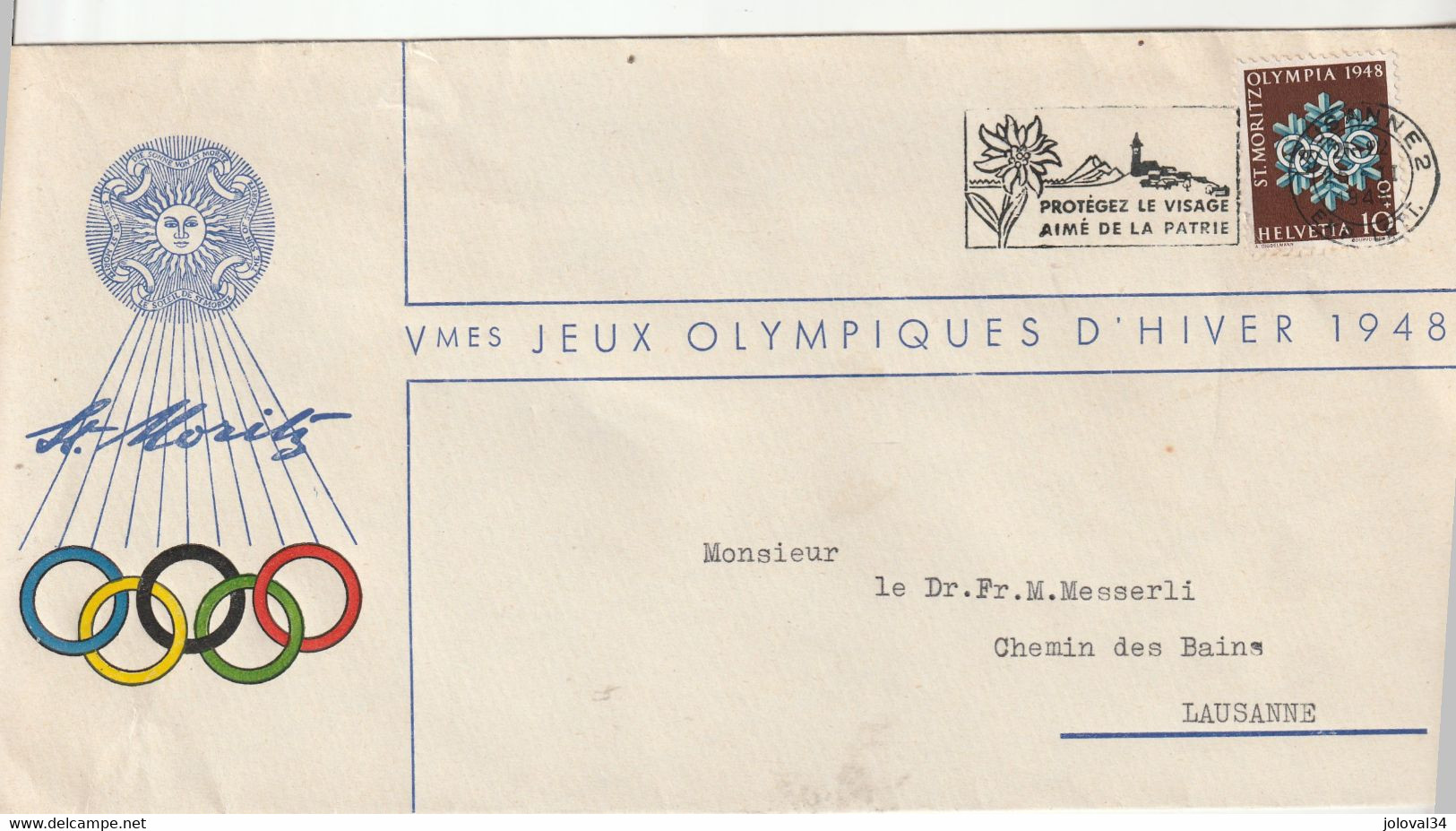 Lettre Vè Jeux Olympiques Hiver ST MORITZ Cachet Flamme BERN 25/2/1948 Pour Messerli Lausanne Suisse - Hiver 1948: St-Moritz