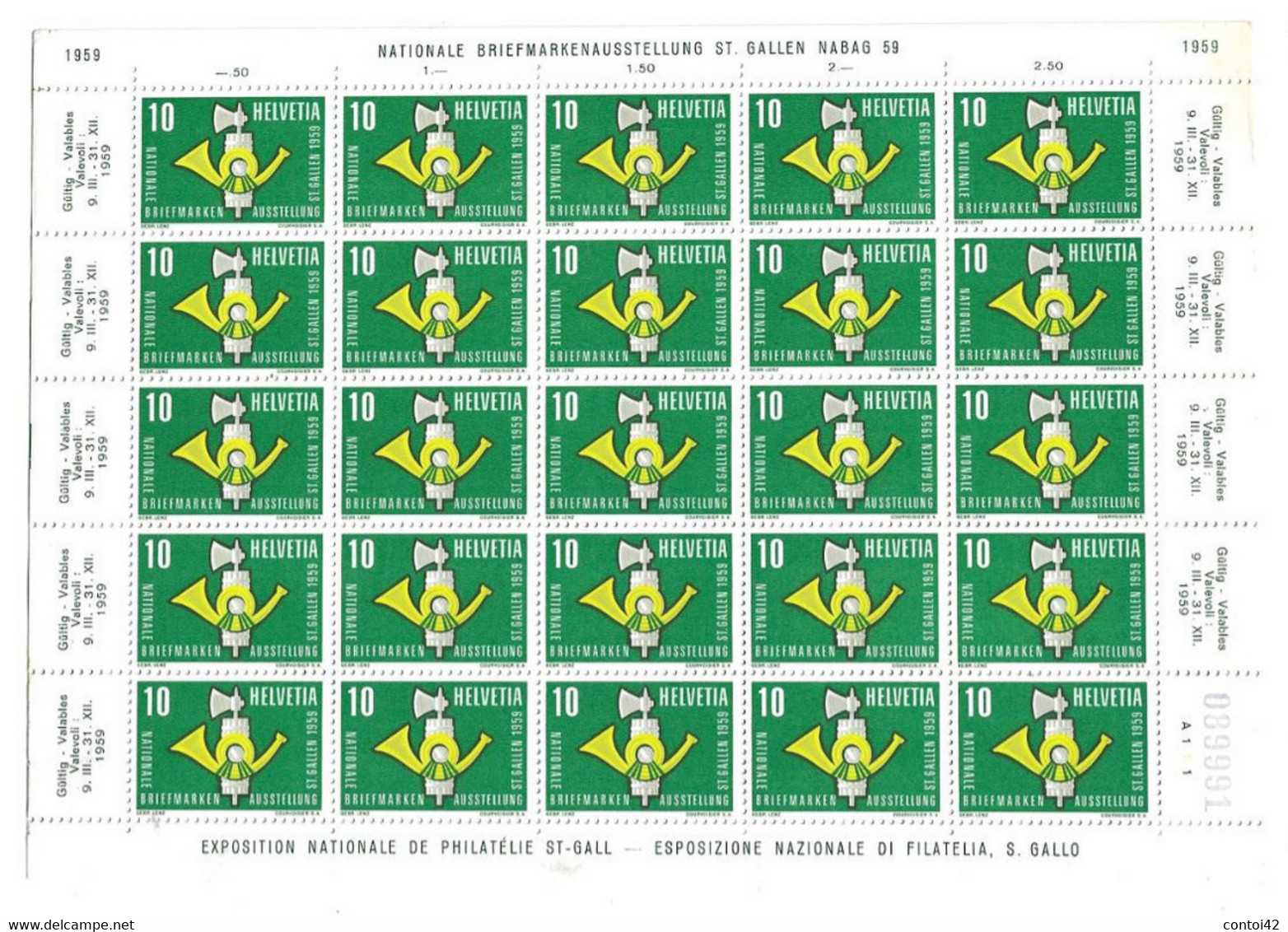 SUISSE HELVETIA 1959 NATIONALE BRIEFMARKENAUSSTELLUNG ST GALLEN NABAG EXPOSITION NATIONALE PHILATELIE TIMBRES PLANCHE - Neufs