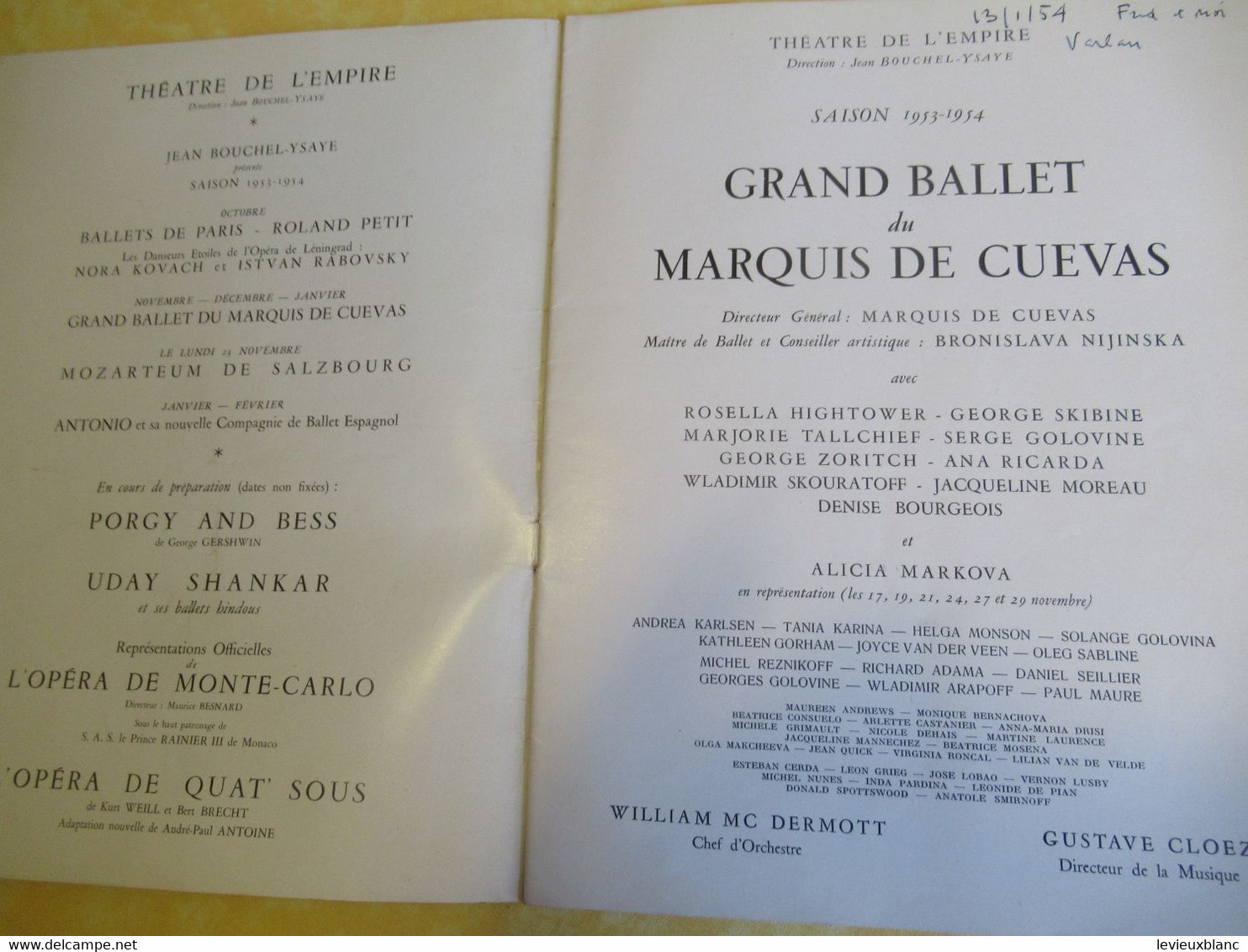 Programme Ancien / Théâtre De L' EMPIRE/ Grand Ballet Du Marquis De Cuevas / Bronislava Nijinska/ 1954          PROG340 - Programma's