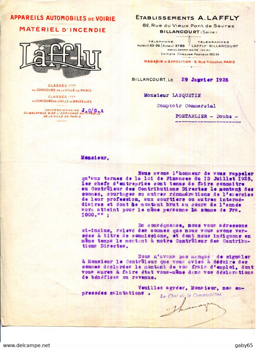 FACTURE.BILLANCOURT.APPAREILS AUTOMOBILES DE VOIRIE.MATERIEL D'INCENDIE " LAFFLY "  82 RUE DU VIEUX PONT DE SEVRES. - Auto's