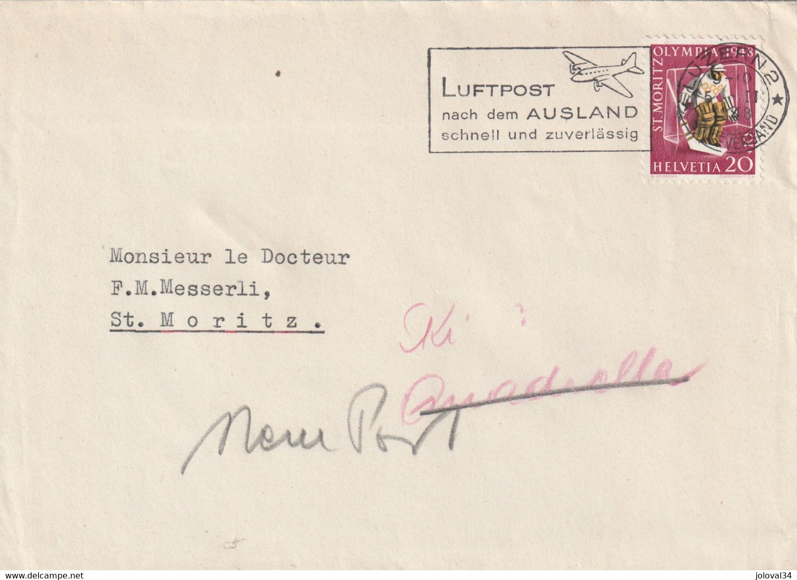 Lettre  Cachet Flamme Luzern 5/2/1948 Pour Messerli  St Moritz Suisse - Inverno1948: St-Moritz