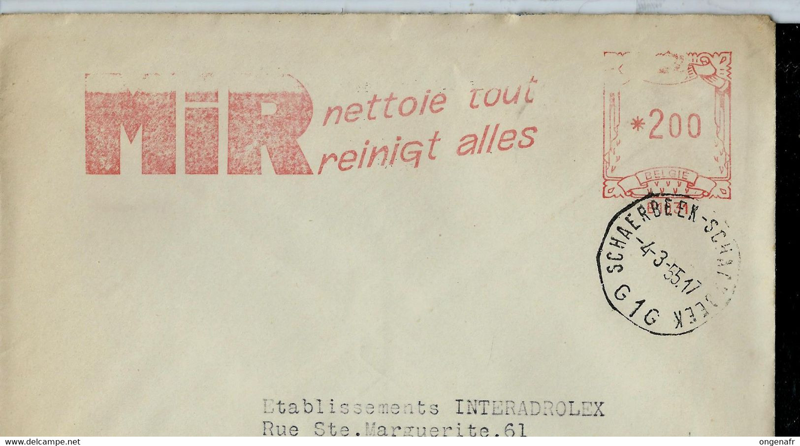 Env. (ent.)  Firme:  MIR Nettoie Tout  + Obl. SCHAERBEEK SCHAARBEEK - G 1 G - Du 04/03/1955 - ...-1959
