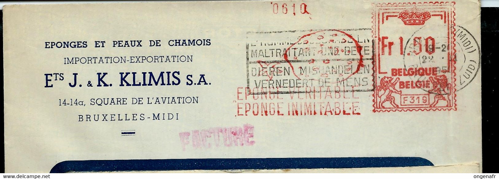 Env. (ent.)  Firme:  EPONGE VERITABLE  - F 319 + Obl BRUXELLES (MIDI)  1950 - ...-1959