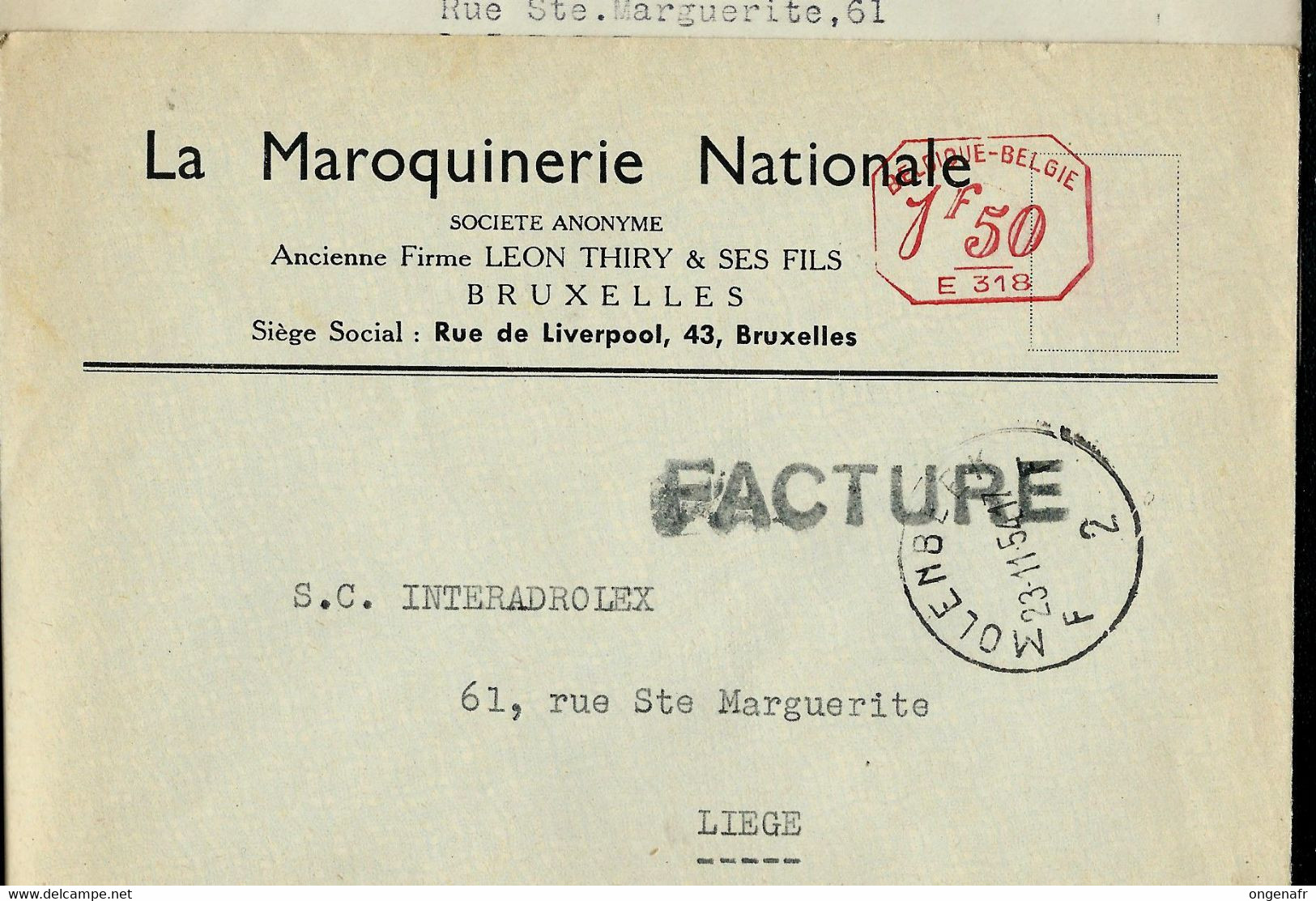 Env. (ent.)  Firme:  Maroquinerie Nationale ( EMA 1F50 - E 318) Obl. MOLENBEEK - F 2 F - 23/11/54 - ...-1959