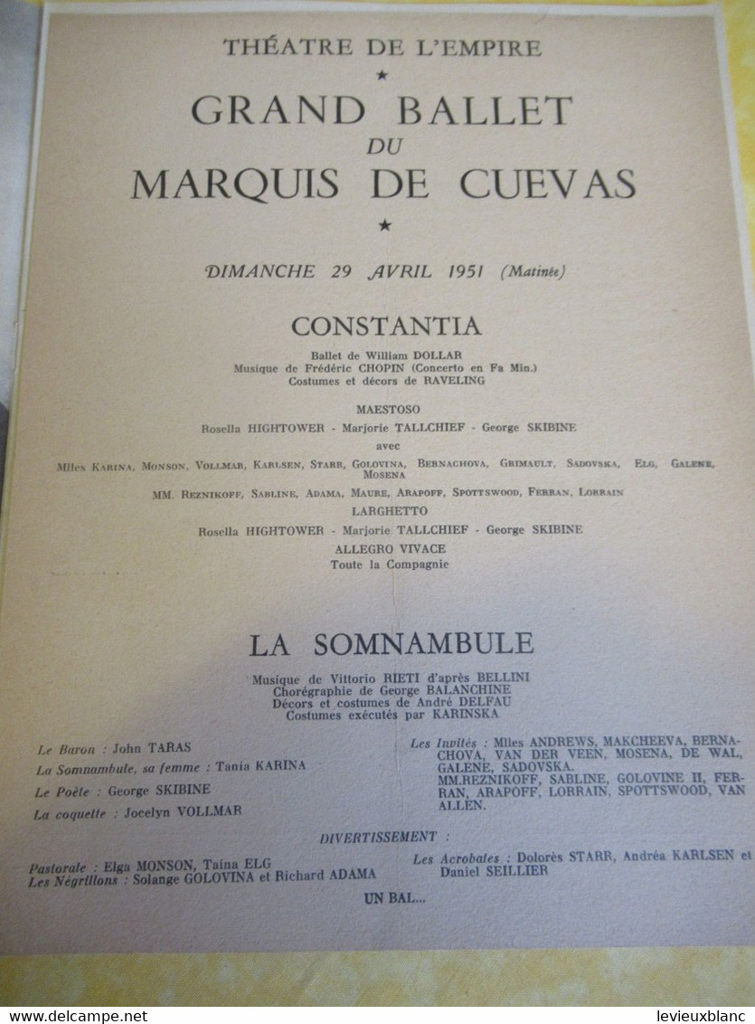 Plaquette Ancienne/Théâtre De L'EMPIRE /Grand Ballet Du Marquis De Cuevas/Tallchieff/Skibine/Hightower/1951      PROG342 - Programma's