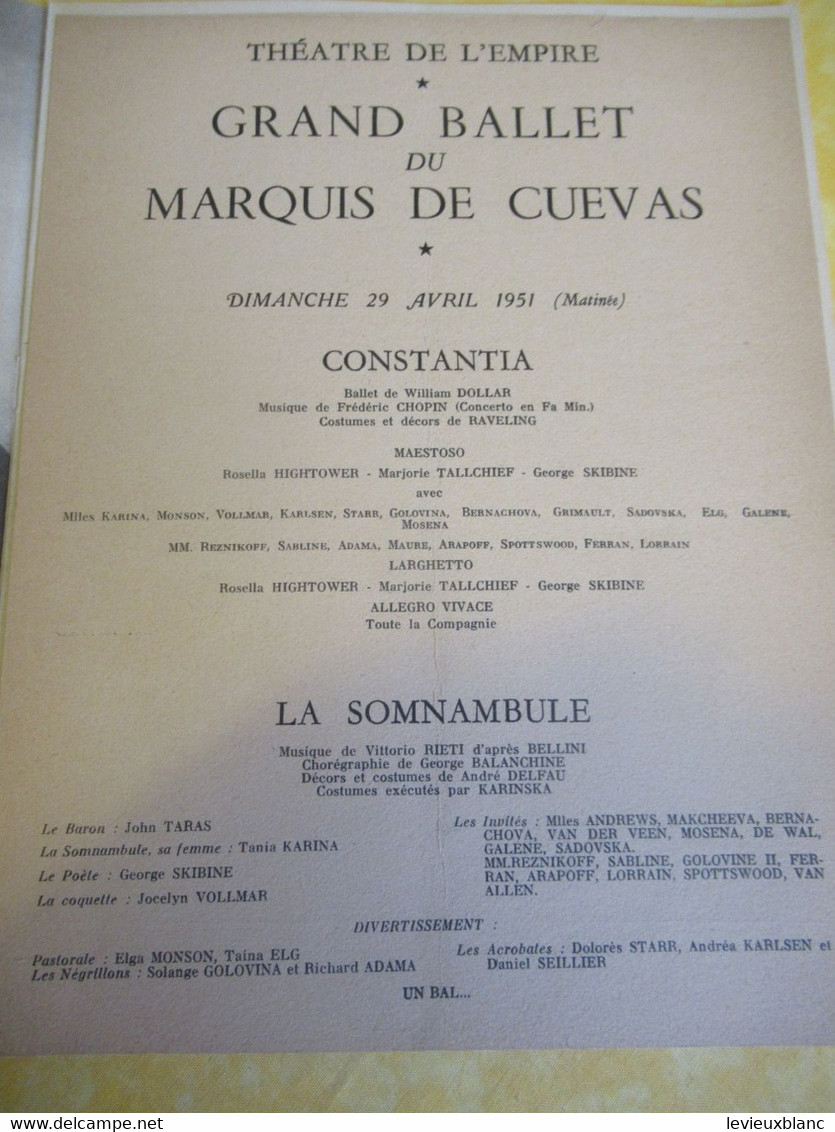 Plaquette Ancienne/Théâtre De L'EMPIRE /Grand Ballet Du Marquis De Cuevas/Tallchieff/Skibine/Hightower/1951      PROG342 - Programmi