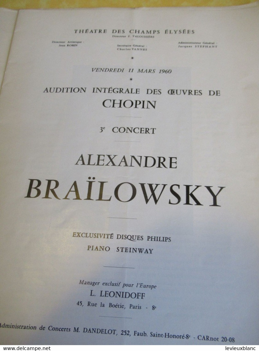 Plaquette Ancienne/Théâtre Des CHAMPS -ELYSEES /3éme Concert / Alexandre BRAÏLOWSKY/1960     PROG343 - Programmi