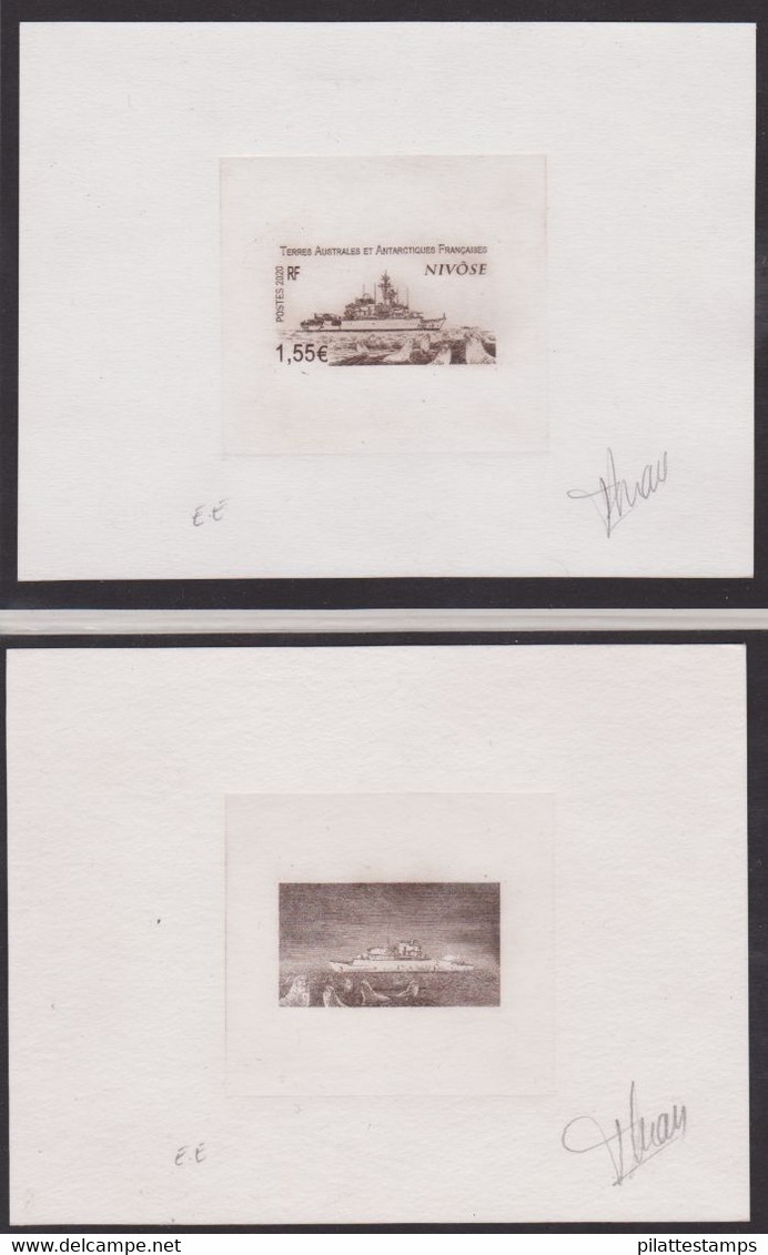 TERRES AUSTRALES N° 916 BATEAU NIVOSE,OTARIES,MAMMIFERES MARINS 2 EPREUVES D'ETAT EN SEPIA - Imperforates, Proofs & Errors