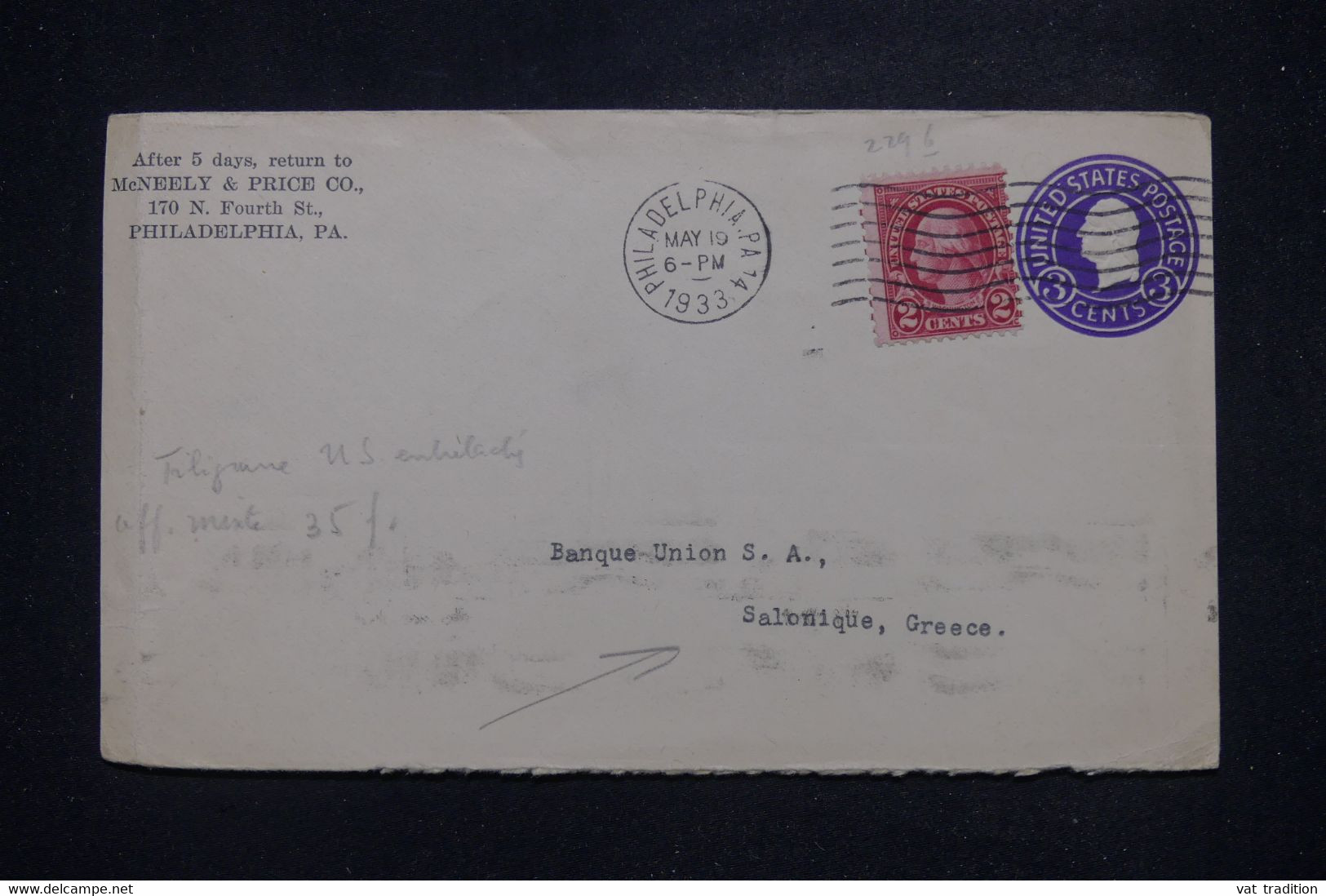 ETATS UNIS - Entier Postal Commercial  + Complément De Philadelphia Pour Salonique En 1933 - L 140580 - 1921-40