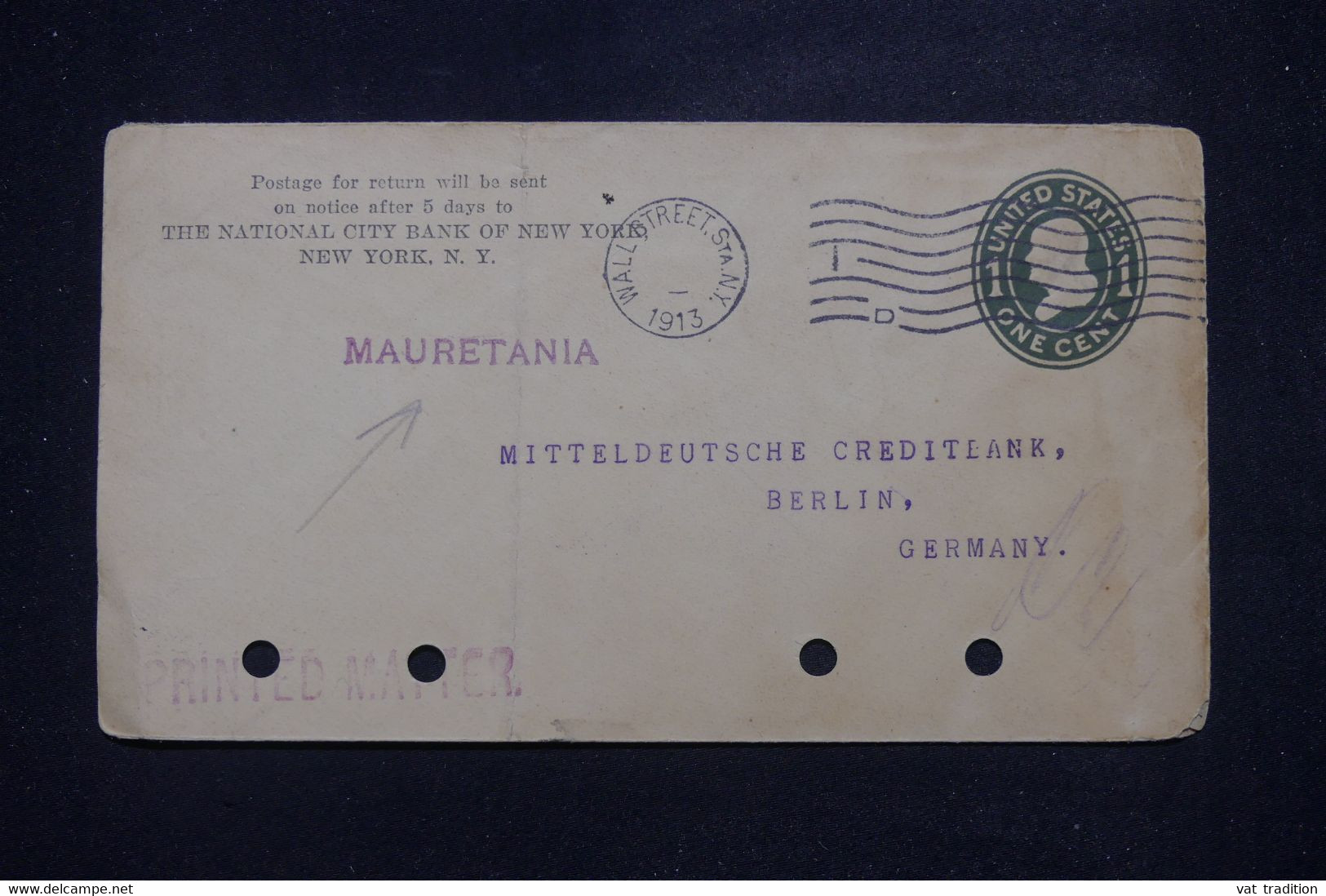 ETATS UNIS - Entier Postal Commercial De New York Pour L'Allemagne En 1913 Par S/S " Mauretania"  - L 140581 - 1901-20