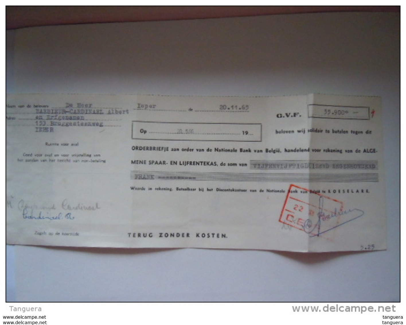 1965 Fiscal 541 8 + 545 20 F Sur Lettre De Change Wisselbrief Ieper Roeselare - Documents