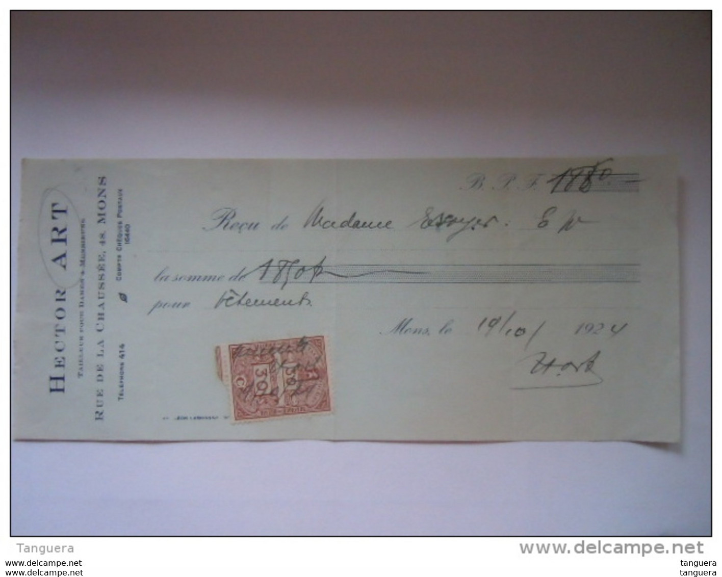 1924 Fiscal Nr 4 30 C Sur Reçu Ontvangstbewijs Hector Art Mons Tailleur Pour Dames &amp; Messieurs - Documents