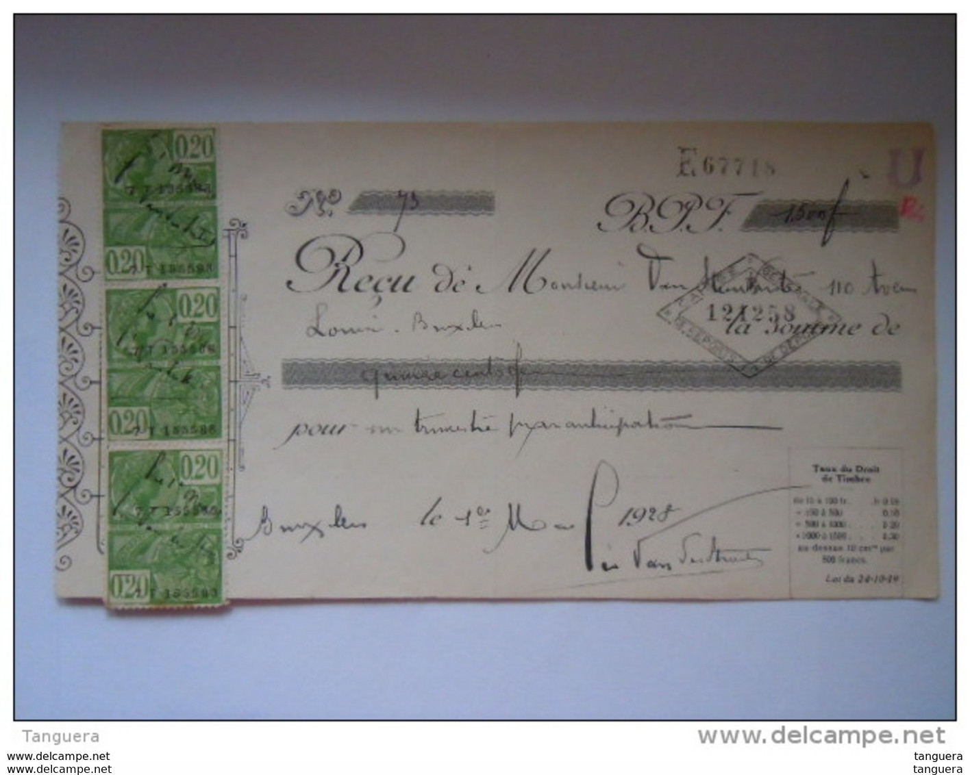 1928 Fiscal 3 X 52 0.20 Sur Reçu Ontvangstbewijs Bruxelles - Documents