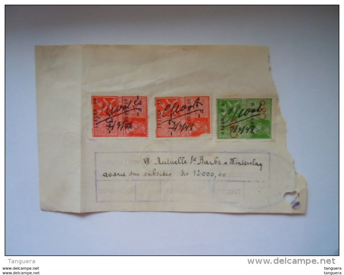 1942 Ontvangstbewijs Reçu Winterslag Mutualiteitsvereeniging Ste-Barbe Fiscale Zegels Timbres Fiscal 259, 271, 272 - Banco & Caja De Ahorros