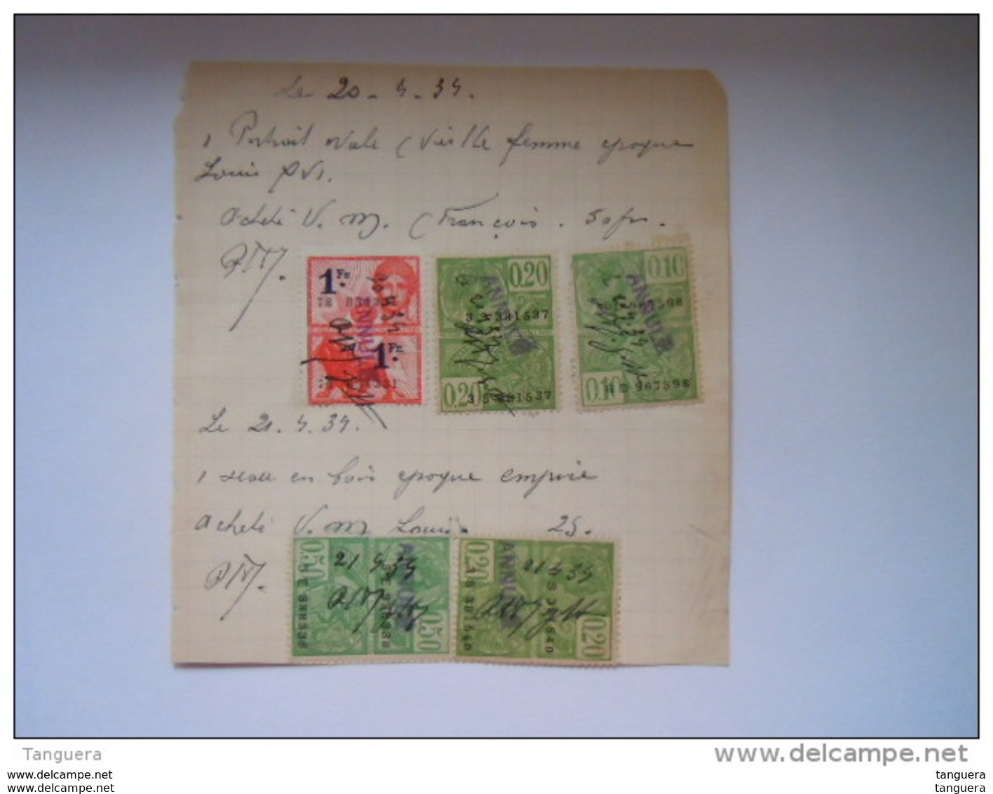 Belgique  1934  Fiscale Zegels 51 0.10, 52 0.20, 56 0.50, 176 1 Fr  Timbre Fiscal Op Factuur Sur Facture - Documents