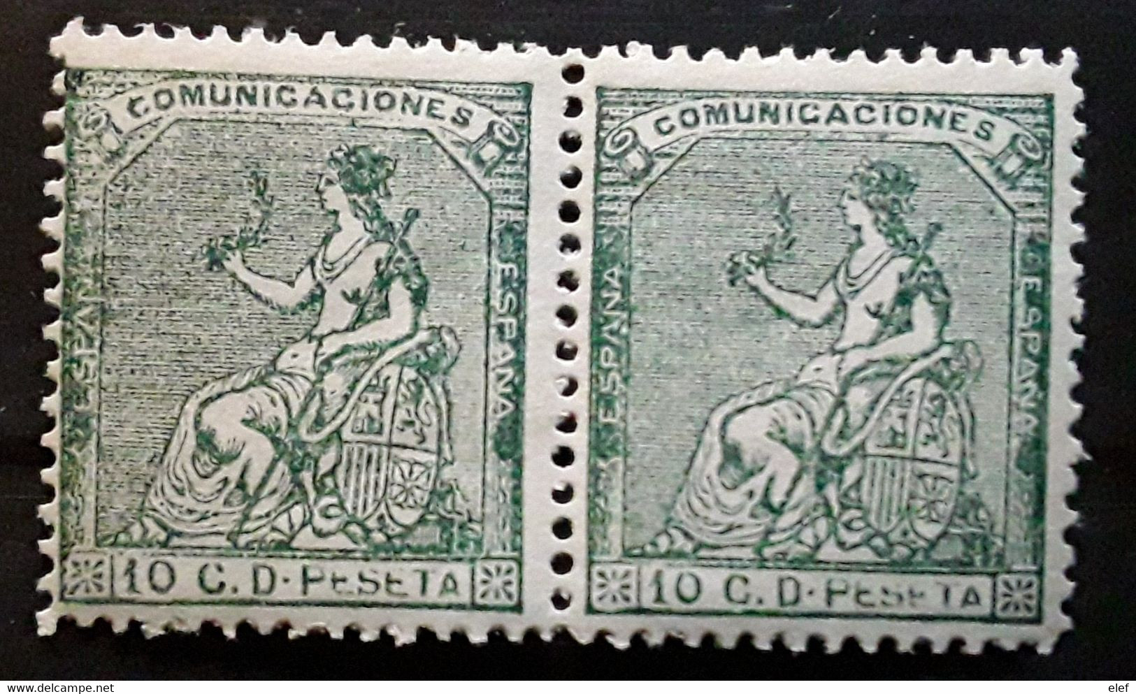 ESPANA ESPAGNE SPAIN 1873,Republica,PAIRE Yvert 132,10 C Vert VARIETE SURENCRAGE INSCRIPTIONS EFFACÉES,neuve ** MNH TTB - Nuevos