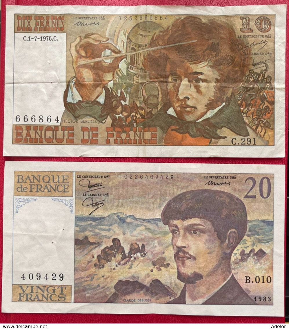 Beau Lot De 2 Billets De 10 Francs Hector Berlioz 1976 Et 20 Francs Debussy 1983. Etat TTB - 10 F 1972-1978 ''Berlioz''