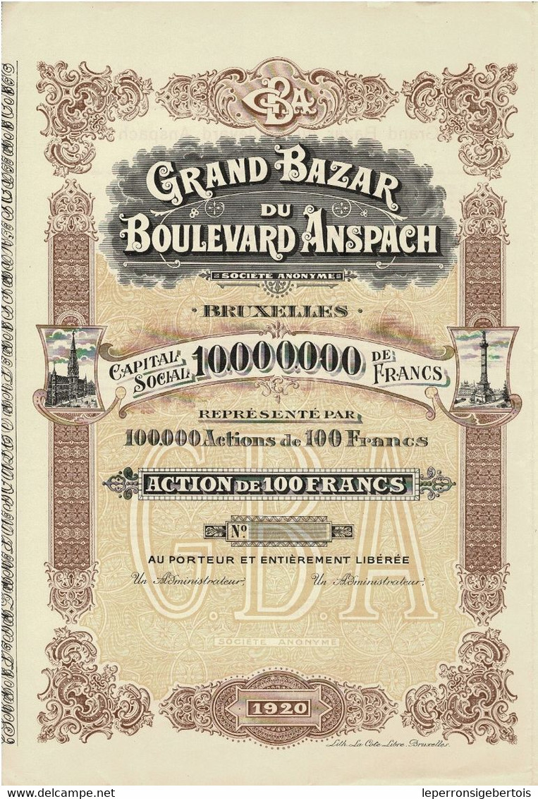 Titre De 1920 - Grand Bazar Du Boulevard Anspach - Bruxelles - Déco - Blanco - Tessili